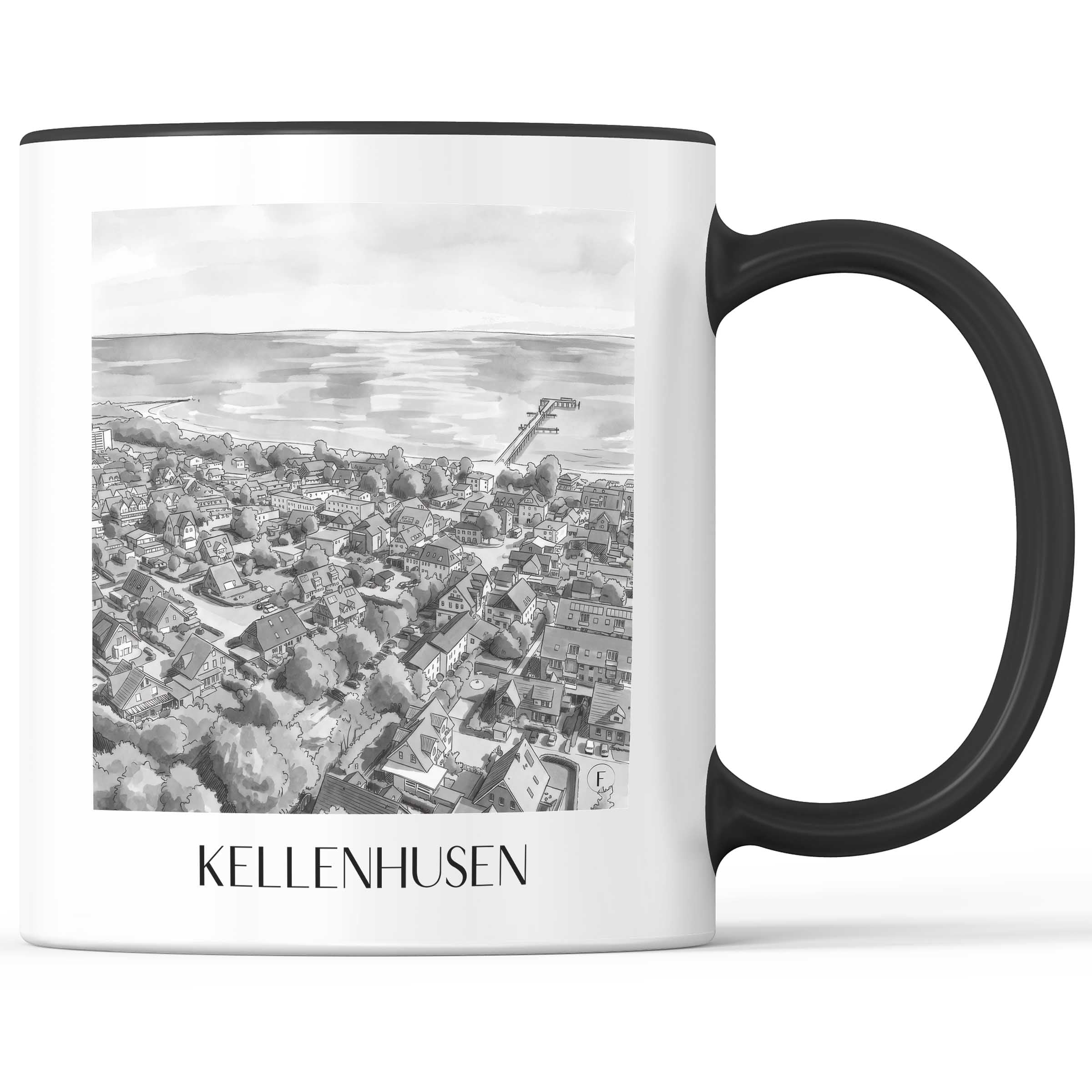 Kellenhusen Kaffeebecher - Ostholstein - Deutschland Becher - Kaffeetasse im Aquarell Schwarz-Weiß Stil - favplace