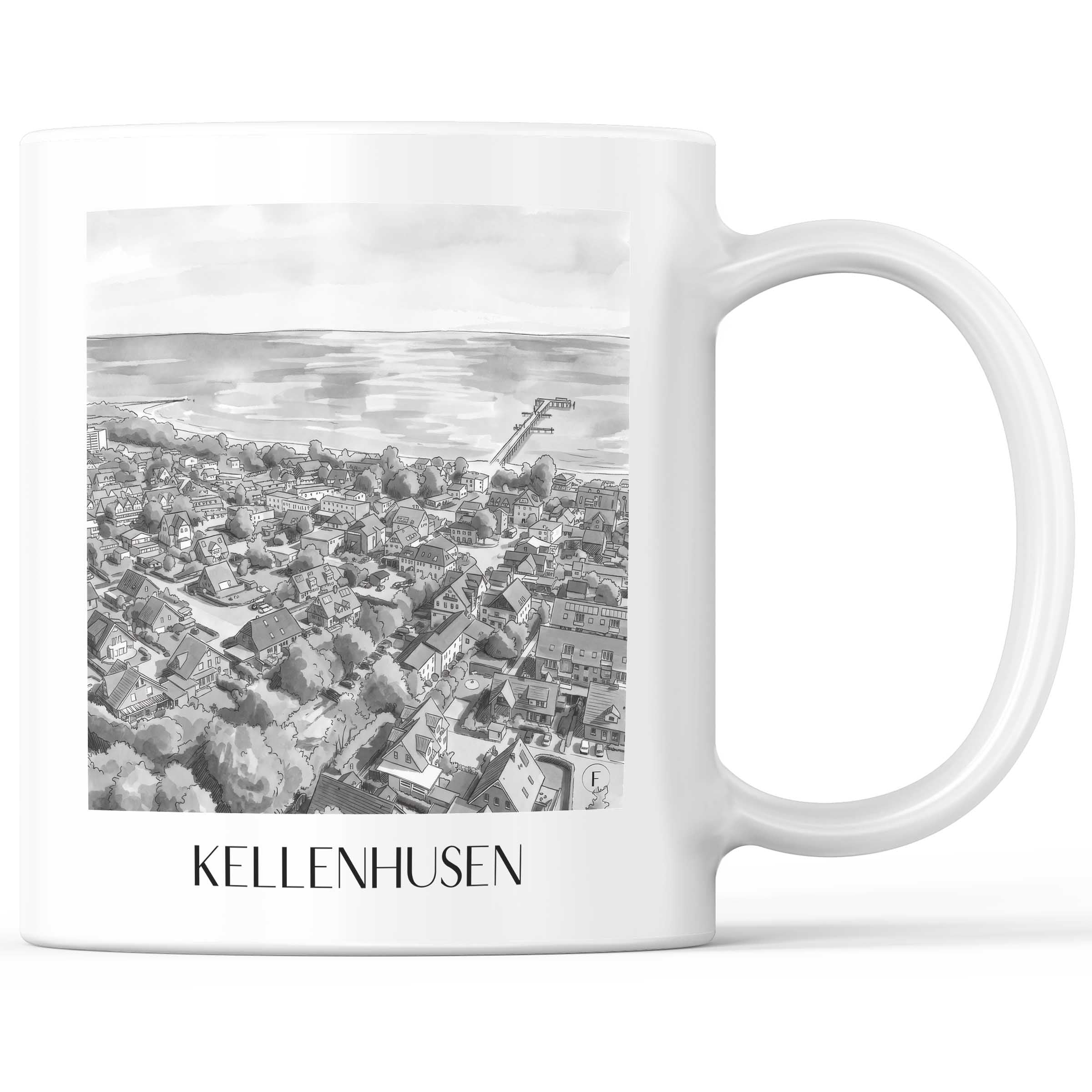 Kellenhusen Kaffeebecher - Ostholstein - Deutschland Becher - Kaffeetasse im Aquarell Schwarz-Weiß Stil - favplace