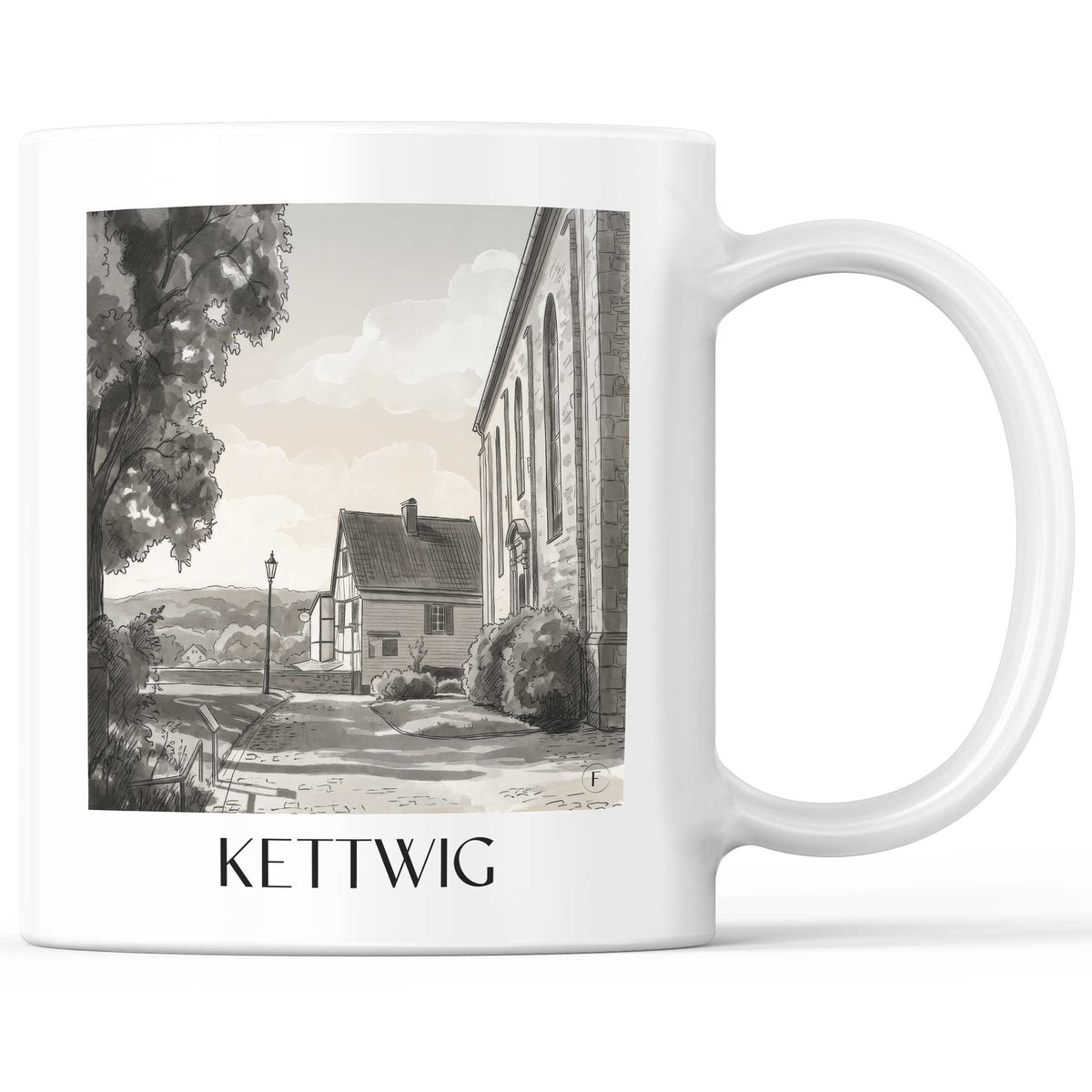 Kettwig Kaffeebecher - Essen - Deutschland Becher - Kaffeetasse im Aquarell Schwarz-Weiß Stil - favplace