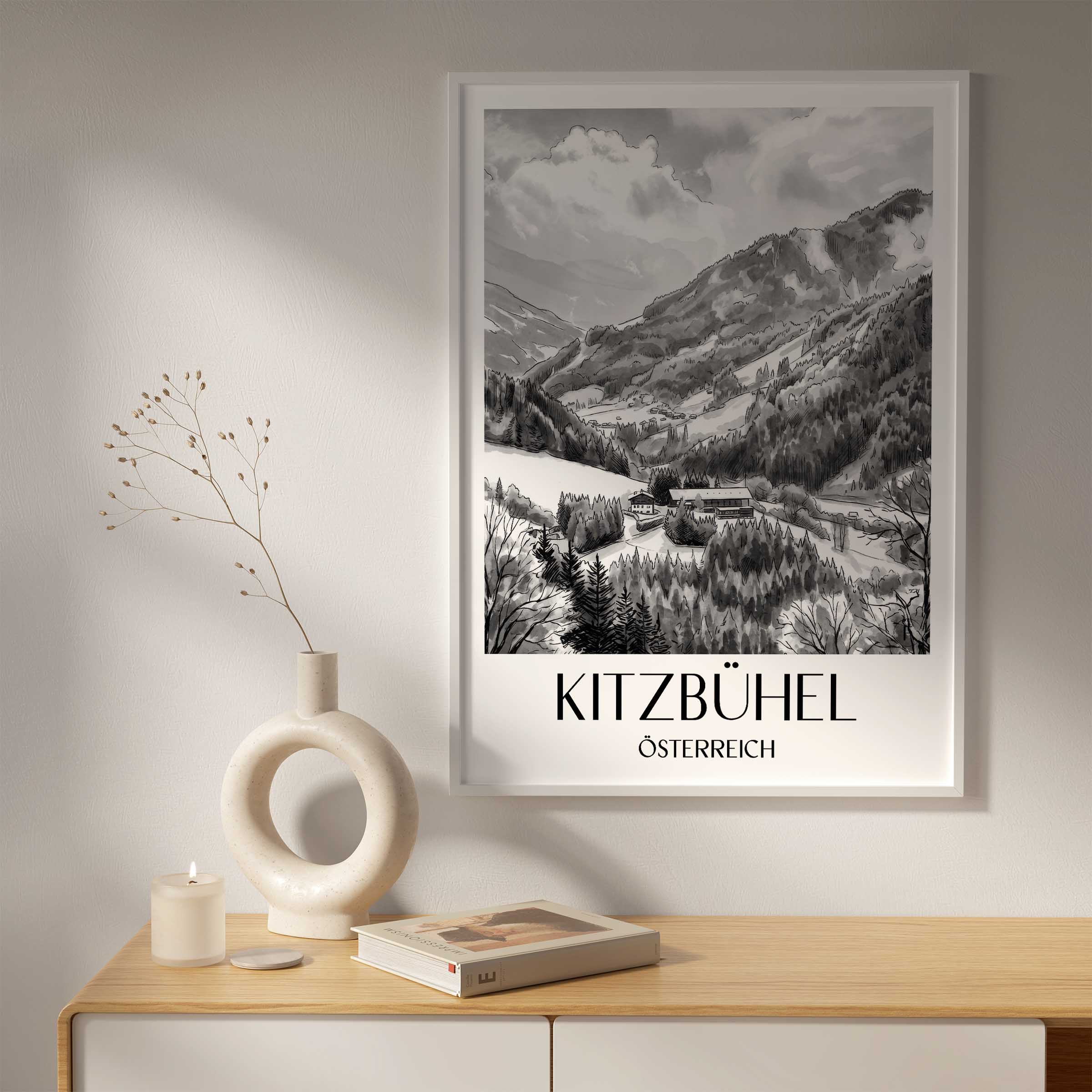 kitzbühel-österreich-poster-aquarell-schwarz-weiss