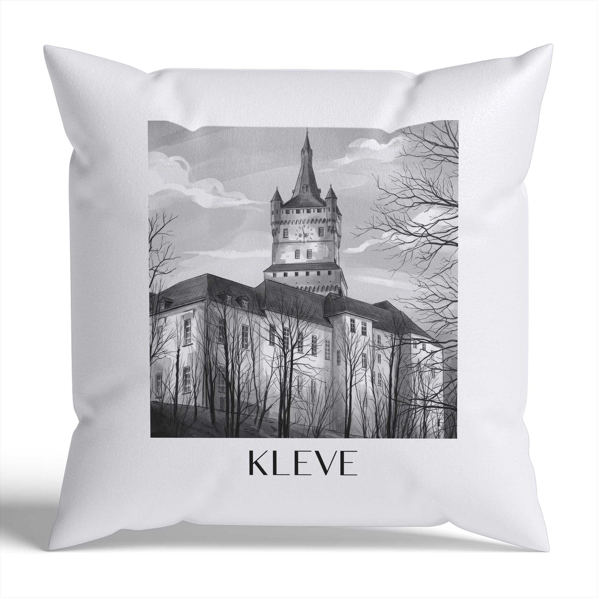 Kleve Kissenhülle - Zierkissen Bezug - Niederrhein - Deutschland Kissen bzw. Kissenbezug im Aquarell Schwarz-Weiß Stil - favplace