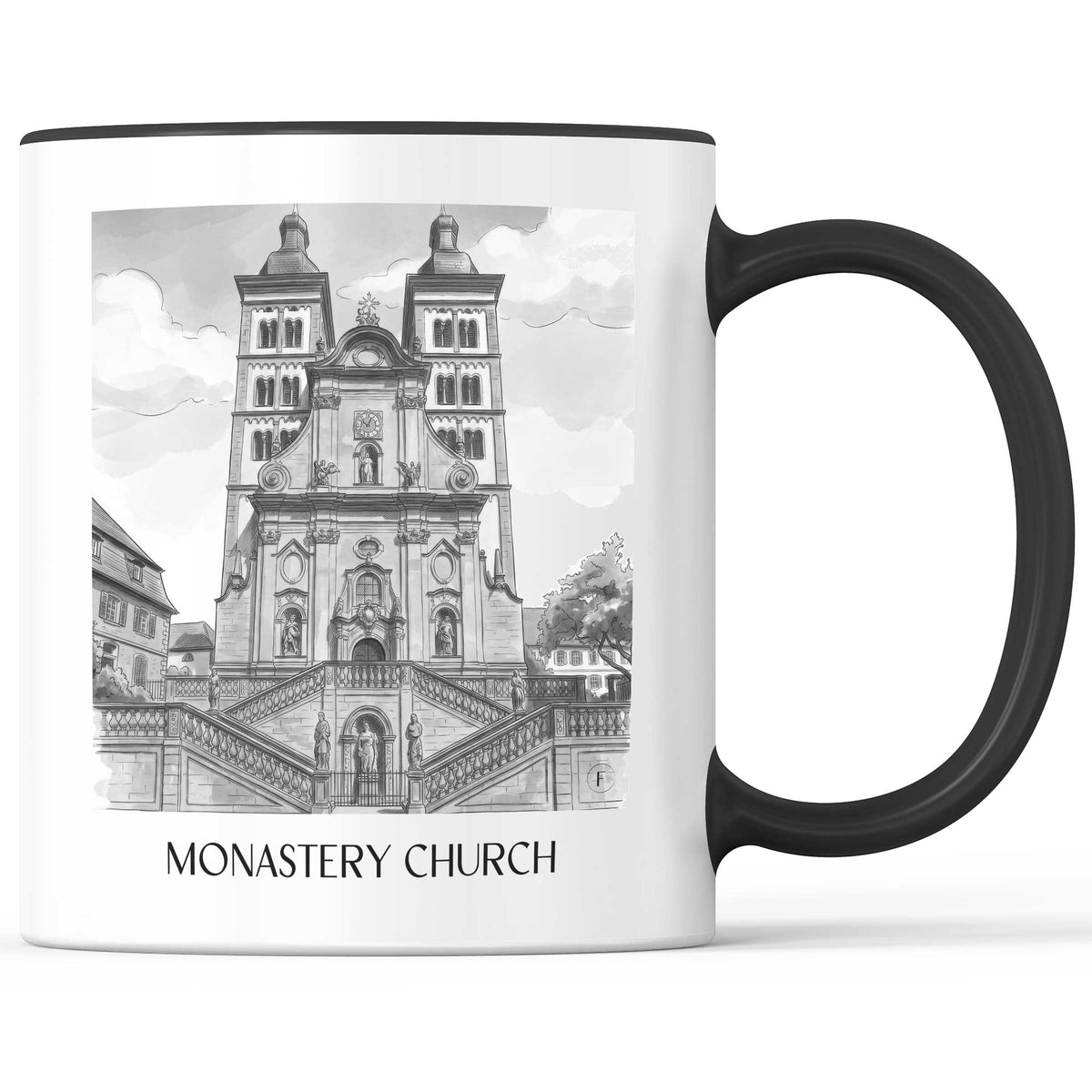 Klosterkirche Kaffeebecher - Amorbach - Deutschland Becher - Kaffeetasse im Aquarell Schwarz-Weiß Stil - favplace