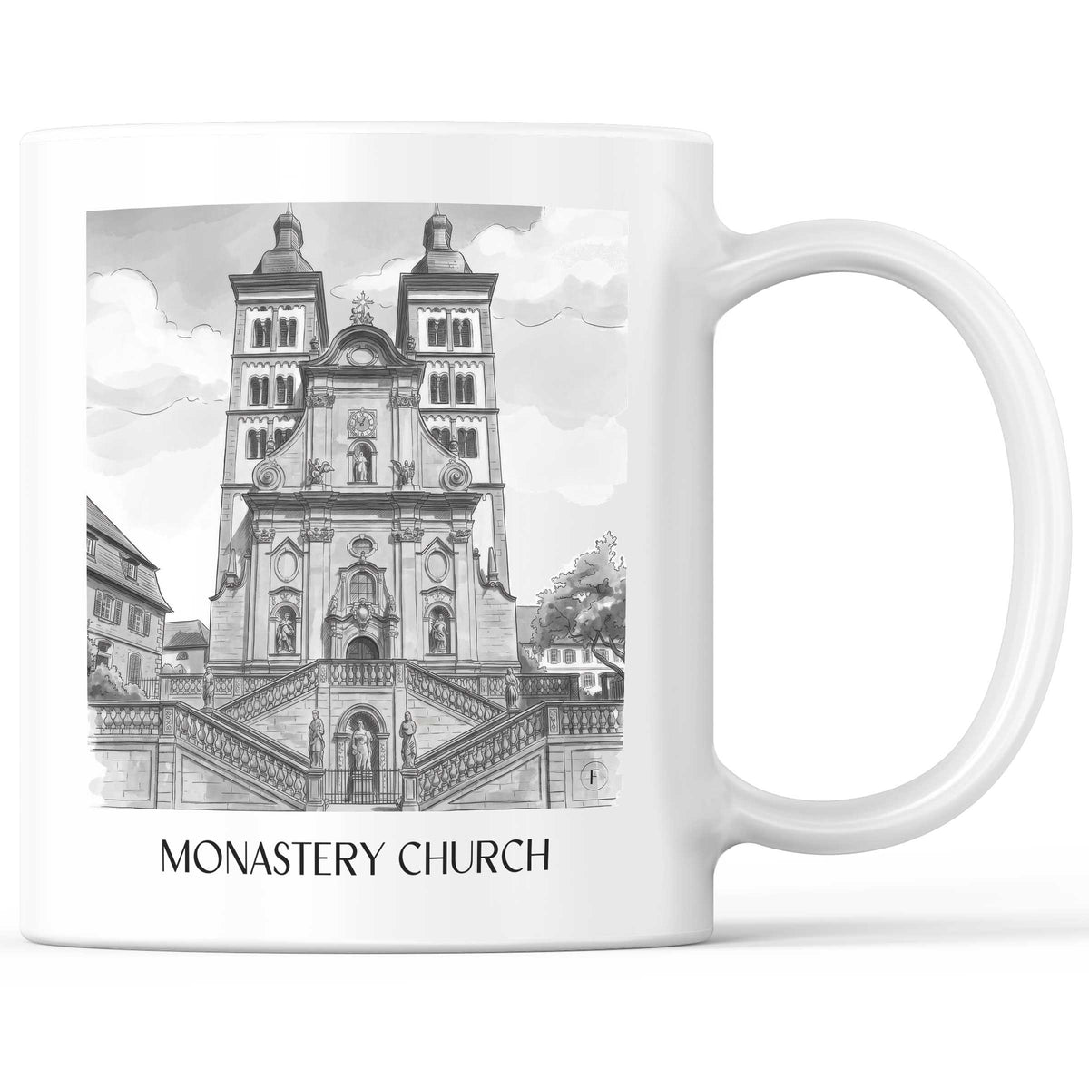 Klosterkirche Kaffeebecher - Amorbach - Deutschland Becher - Kaffeetasse im Aquarell Schwarz-Weiß Stil - favplace