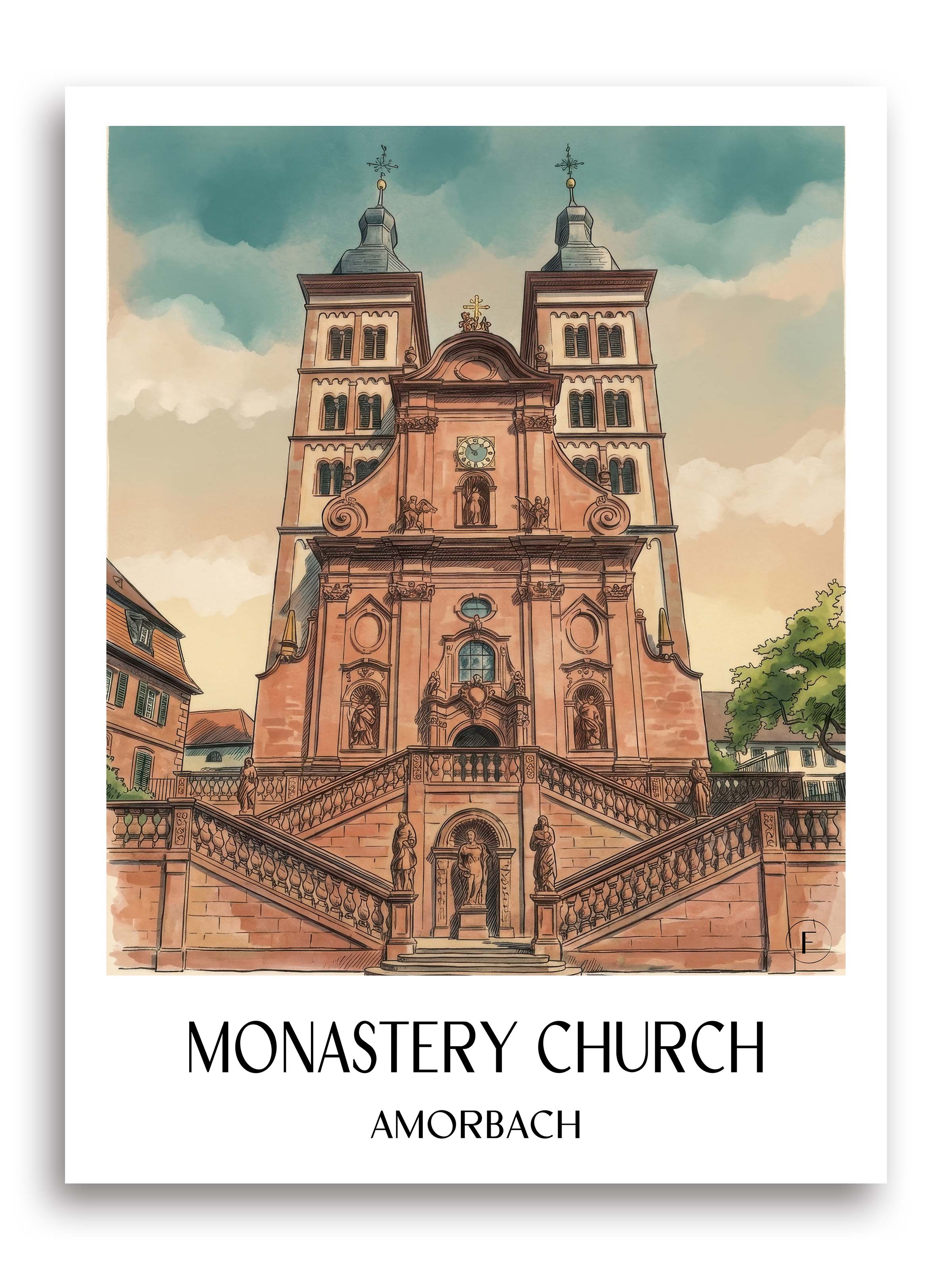 Klosterkirche Poster - Amorbach - Deutschland Kunstdruck - Aquarell von A4 bis A1 - favplace