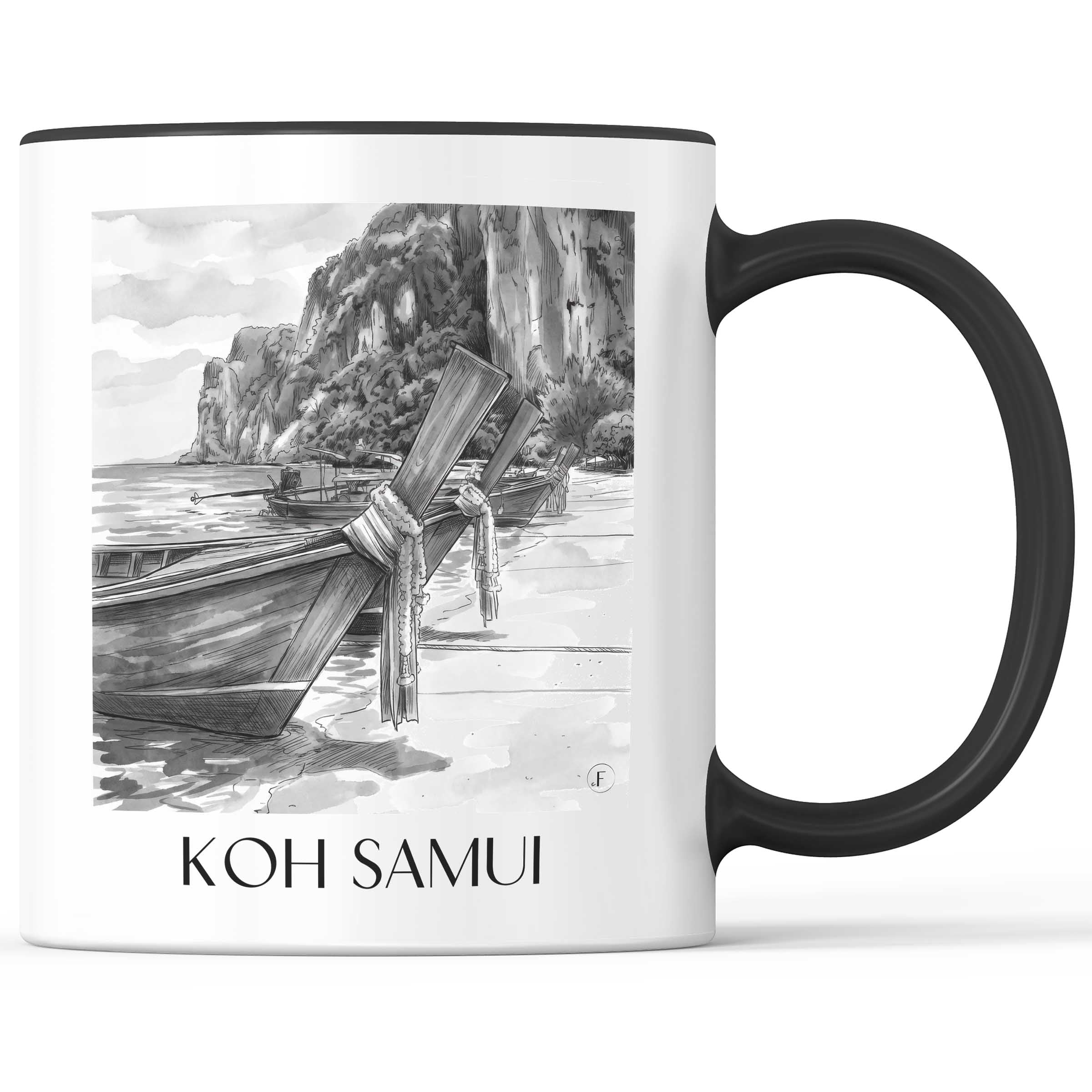 Koh Samui - Thailand Becher - Kaffeetasse im Aquarell Schwarz-Weiß Stil - favplace