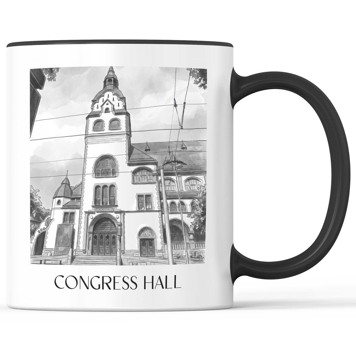 Kongresshalle Kaffeebecher - Leipzig - Deutschland Becher - Kaffeetasse im Aquarell Schwarz-Weiß Stil - favplace
