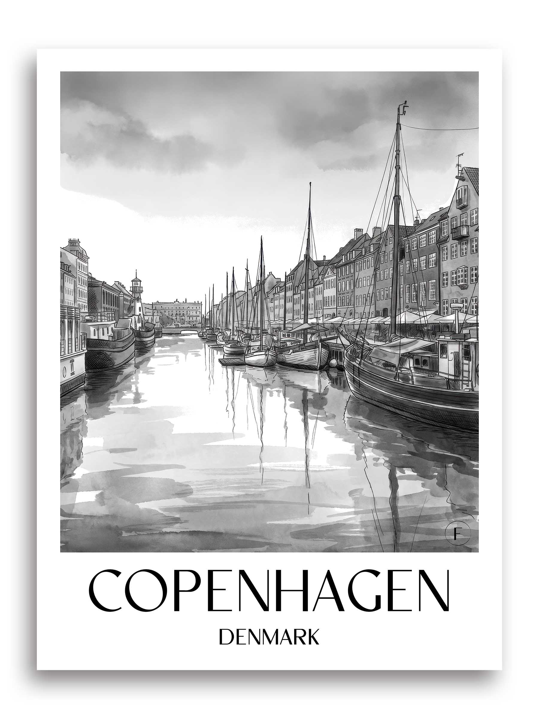 Kopenhagen Poster - - Dänemark Kunstdruck - Aquarell Schwarz-Weiß von A4 bis A1 - favplace