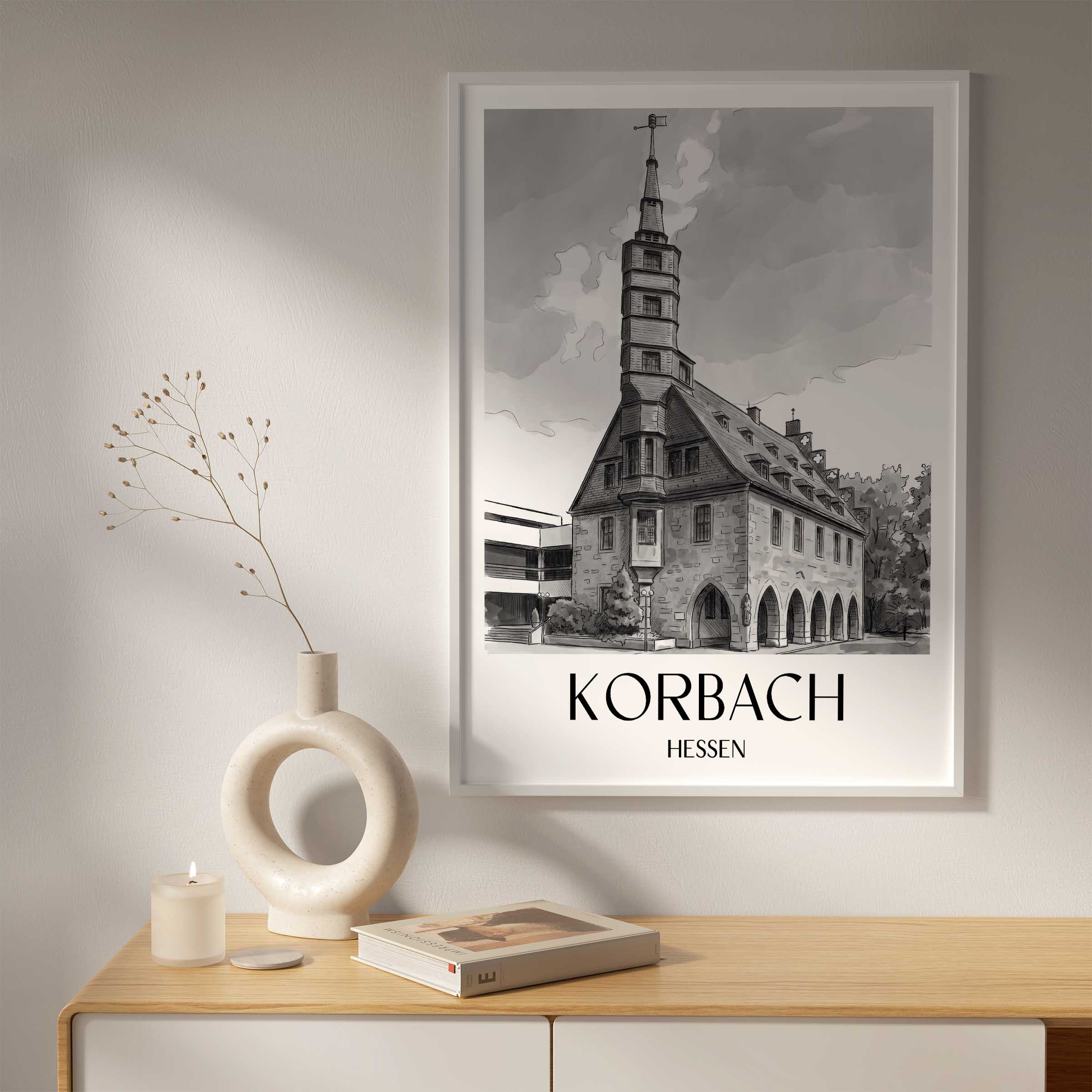korbach-hessen-deutschland-poster-aquarell-schwarz-weiss