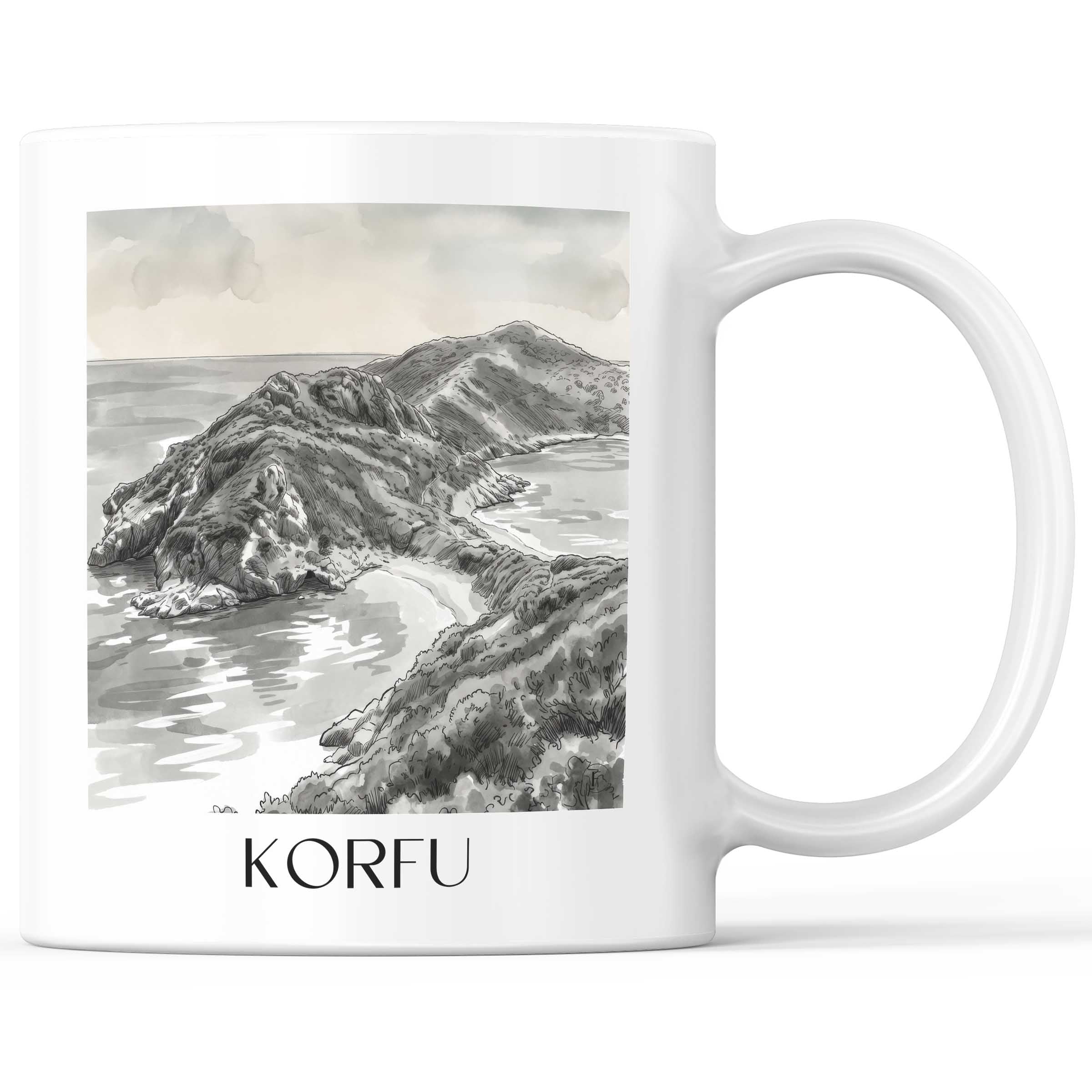 Korfu - Griechenland Becher - Kaffeetasse im Aquarell Schwarz-Weiß Stil - favplace