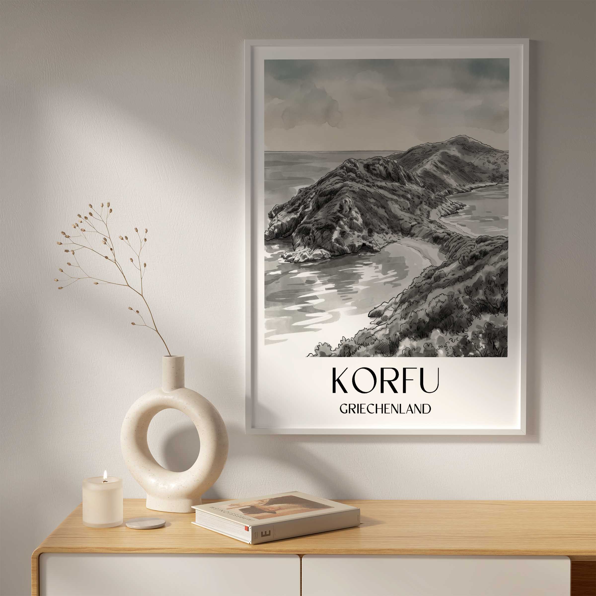 korfu-griechenland-poster-aquarell-schwarz-weiss