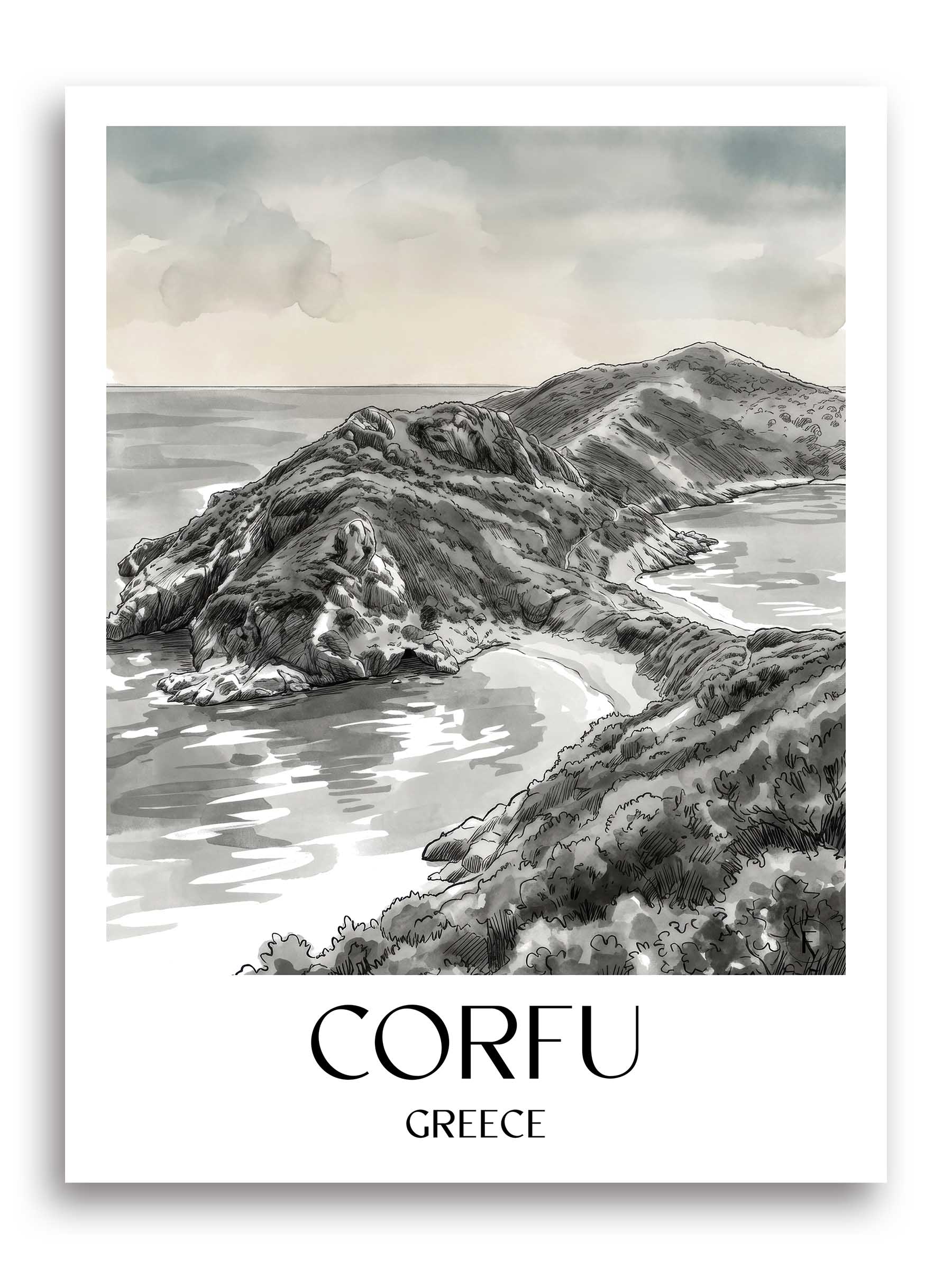 Korfu Poster - - Griechenland Kunstdruck - Aquarell Schwarz-Weiß von A4 bis A1 - favplace