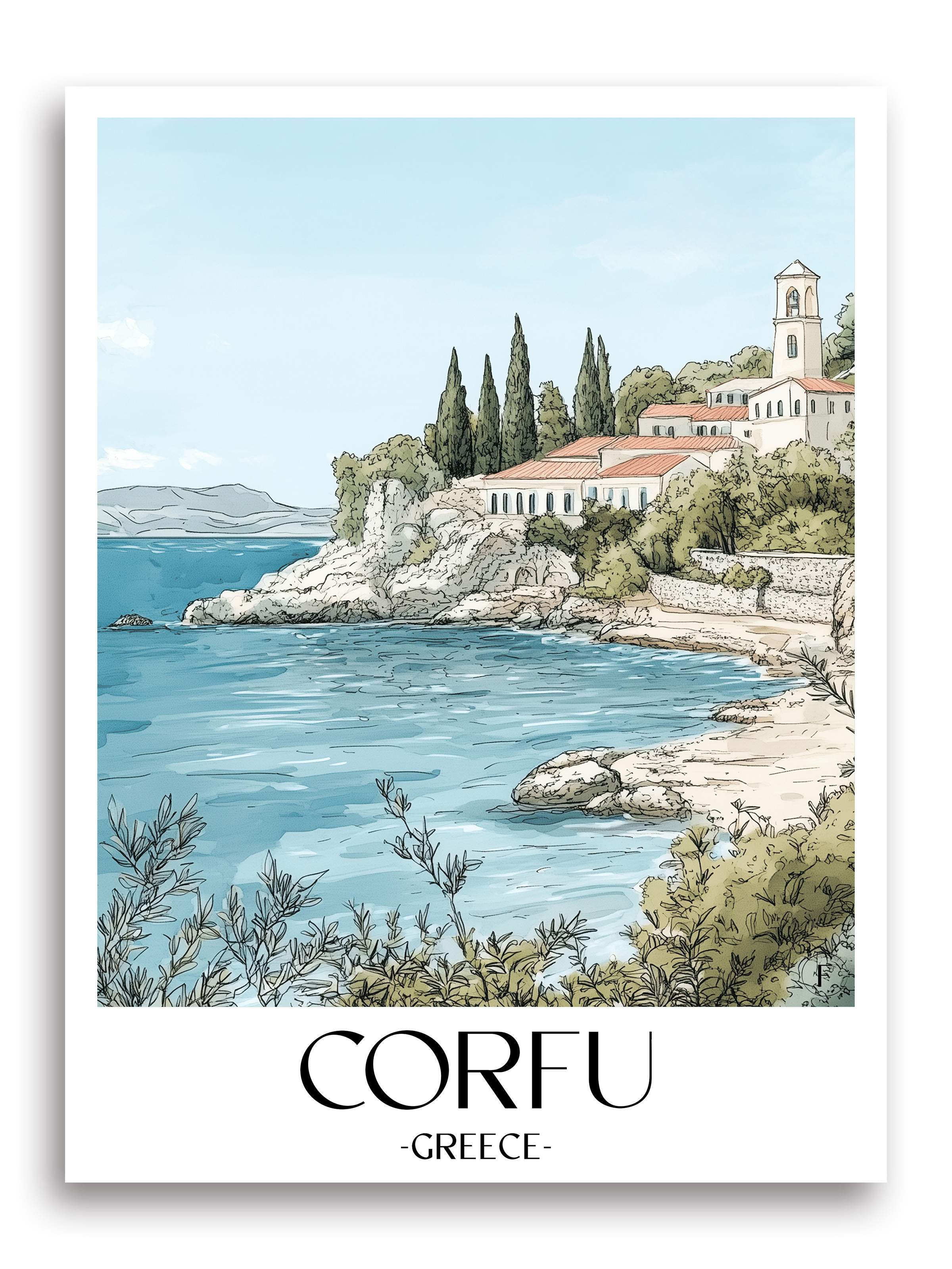 Korfu Poster - Griechenland Kunstdruck - Aquarell von A4 bis A1 - favplace