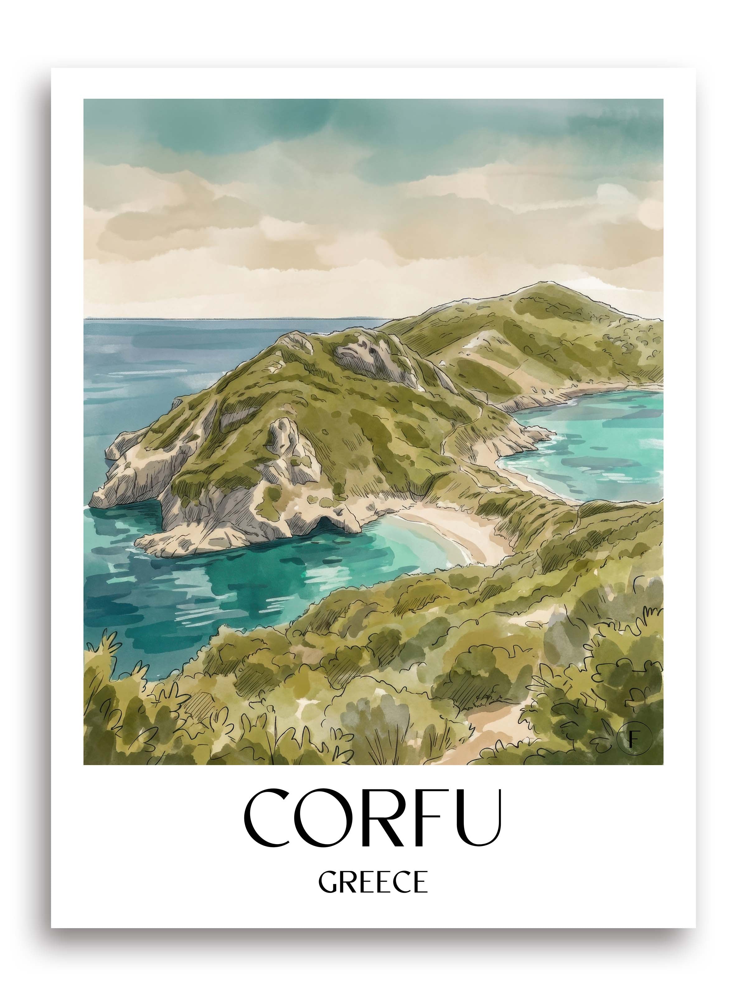 Korfu Poster - Griechenland Kunstdruck - Aquarell von A4 bis A1 - favplace