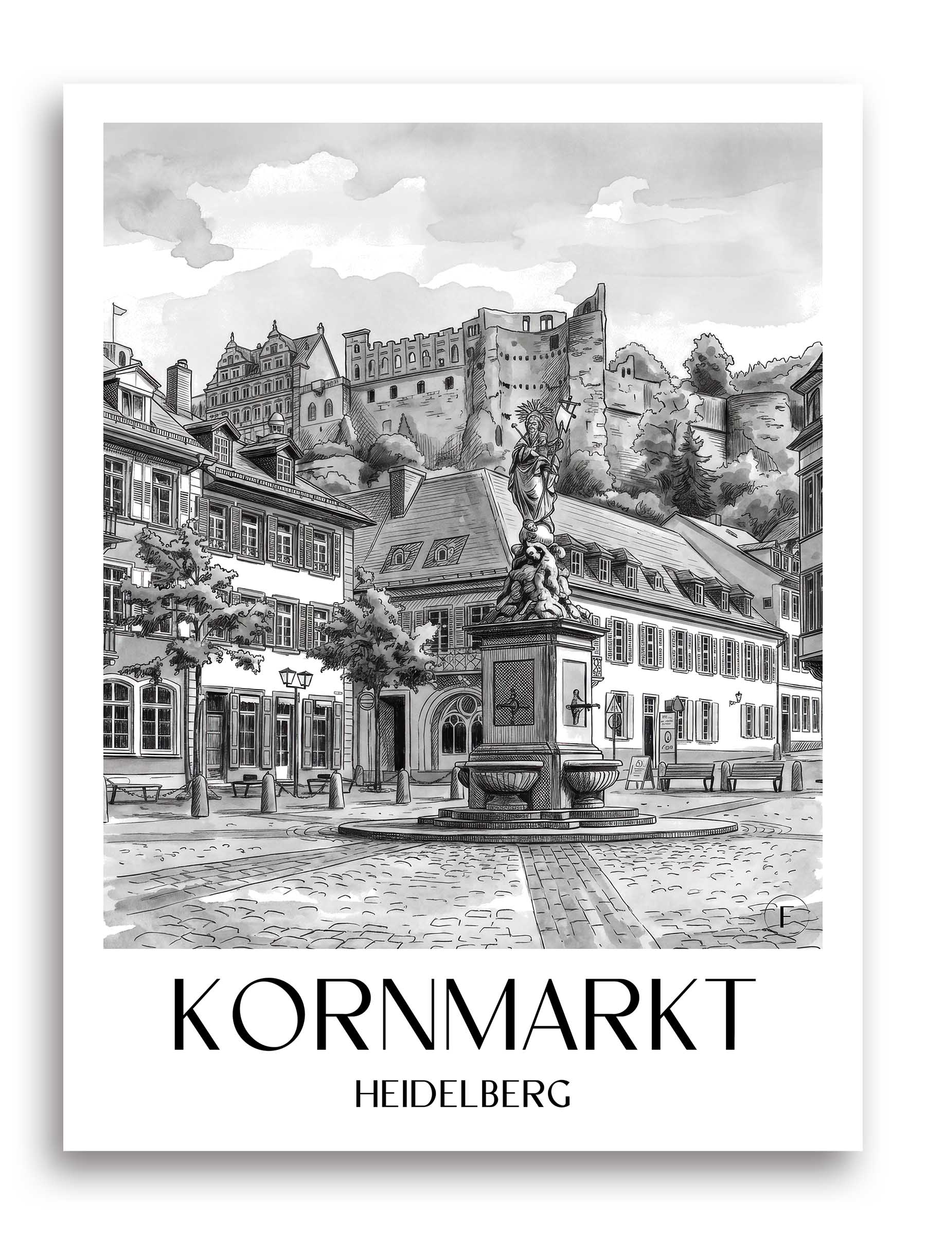 kornmarkt-heidelberg-deutschland-poster-aquarell-schwarz-weiss
