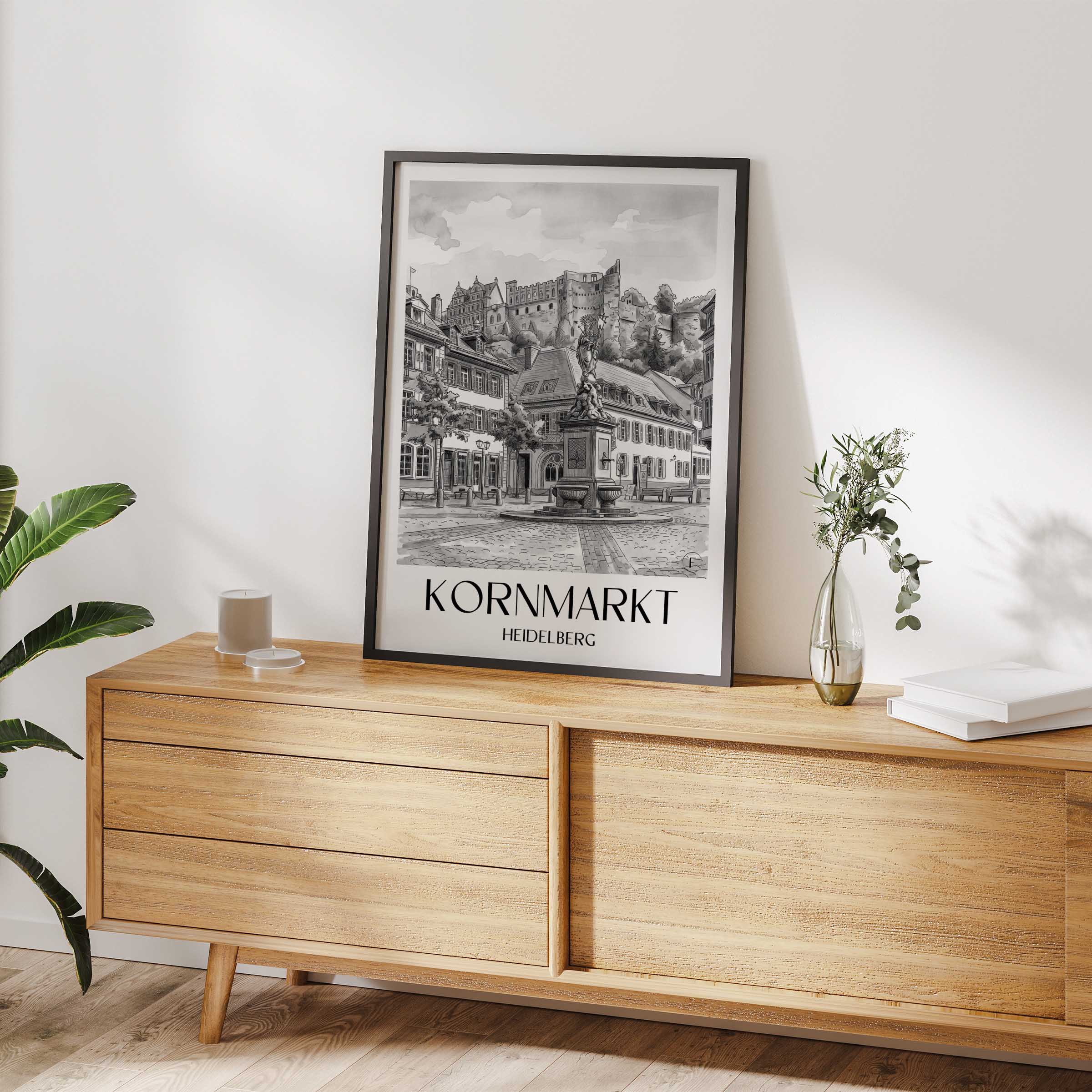 kornmarkt-heidelberg-deutschland-poster-aquarell-schwarz-weiss