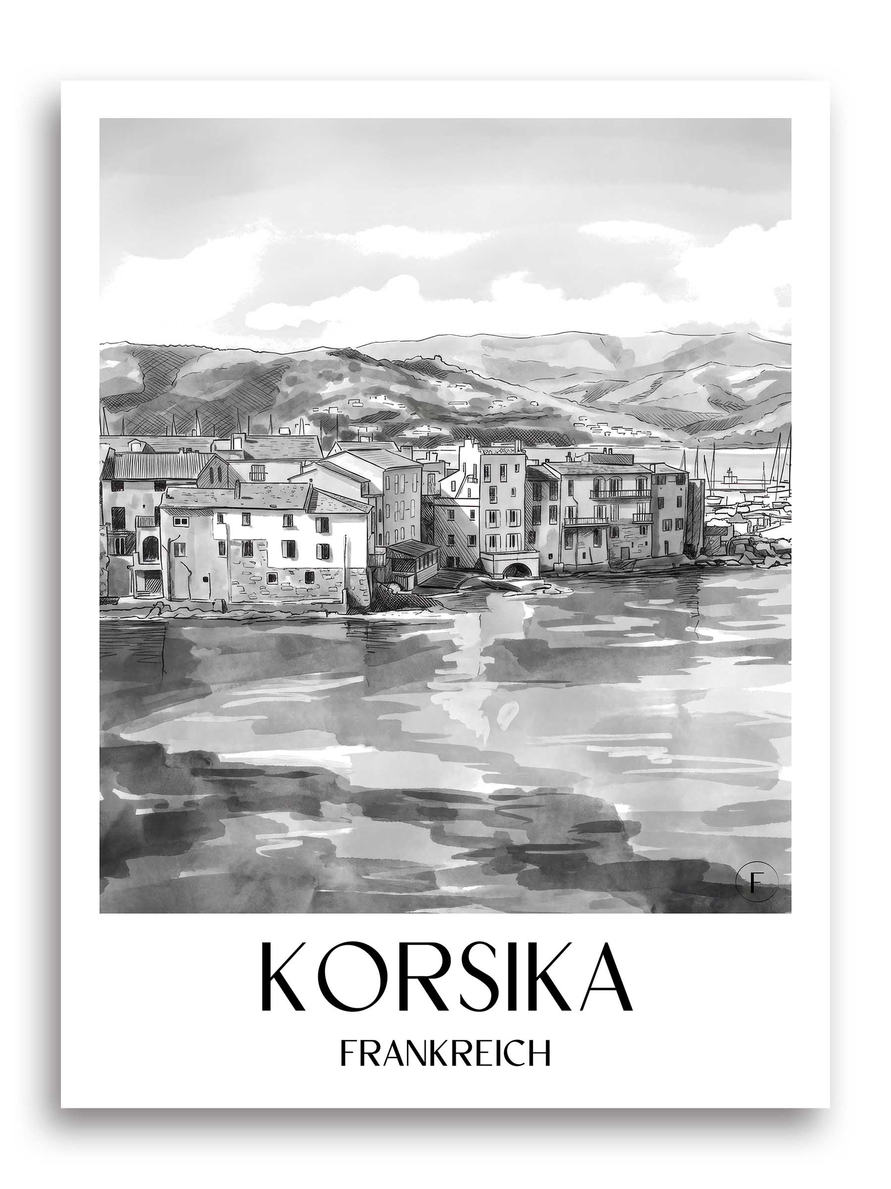 korsika-frankreich-poster-aquarell-schwarz-weiss