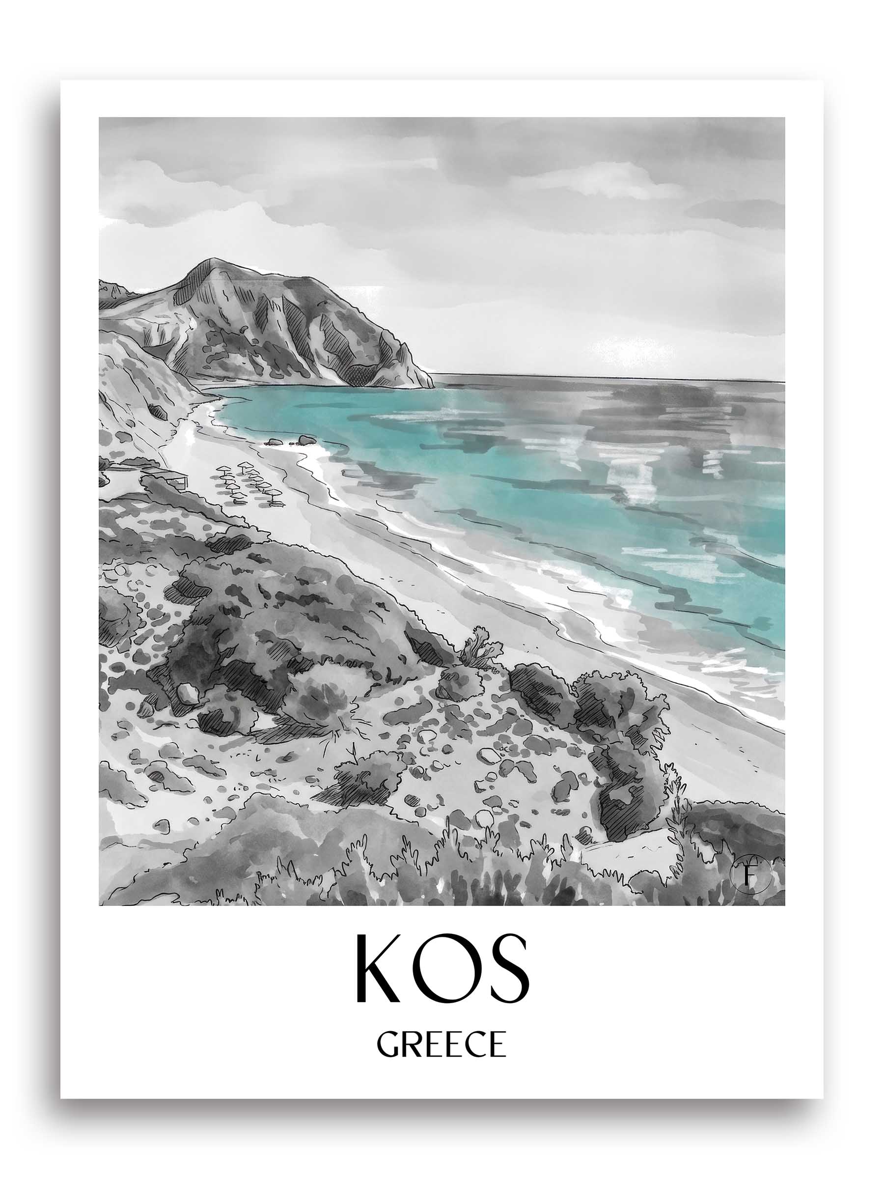 Kos Poster - - Griechenland Kunstdruck - Aquarell Schwarz-Weiß von A4 bis A1 - favplace