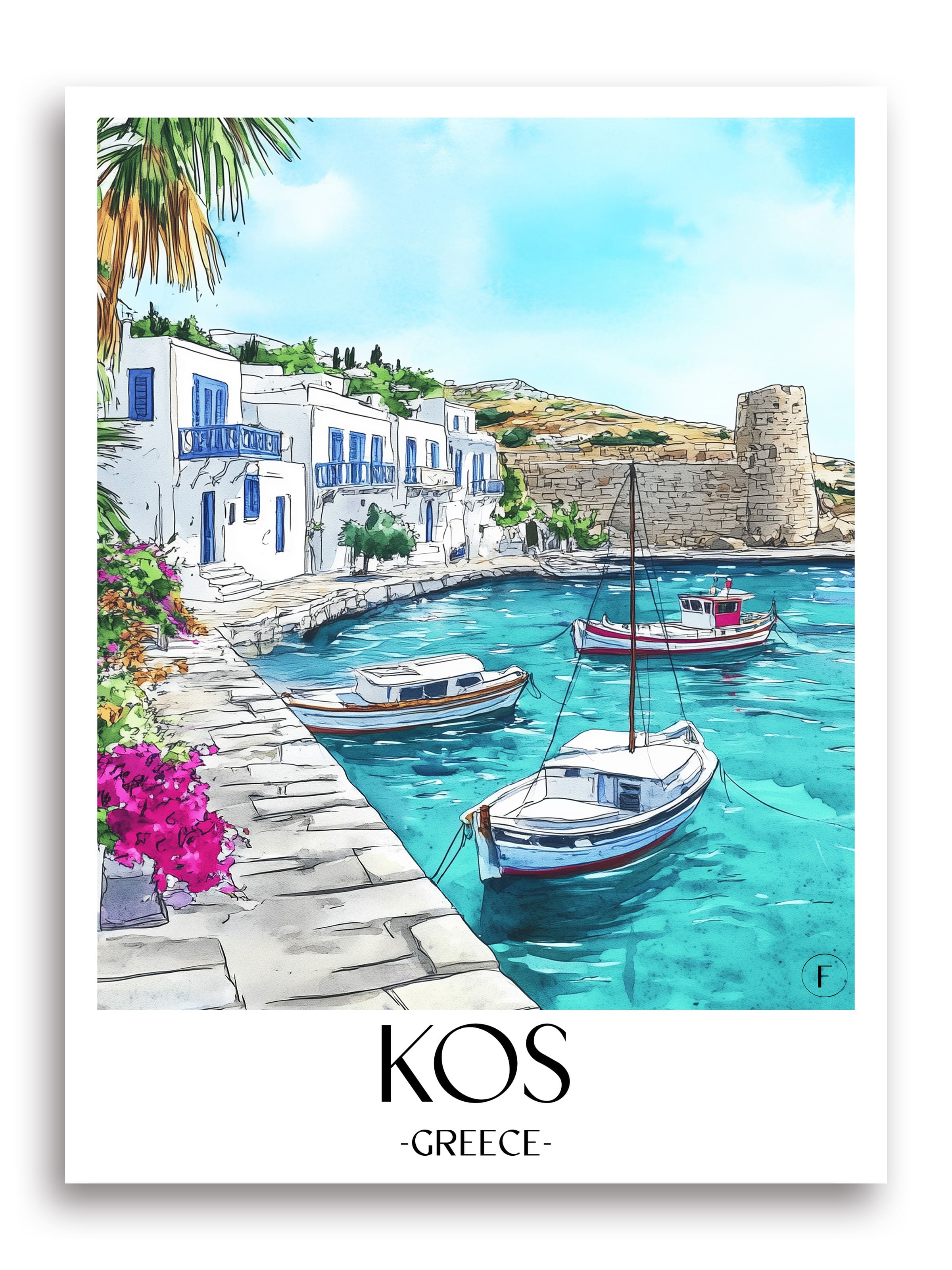 Kos Poster - Griechenland Kunstdruck - Aquarell von A4 bis A1 - favplace