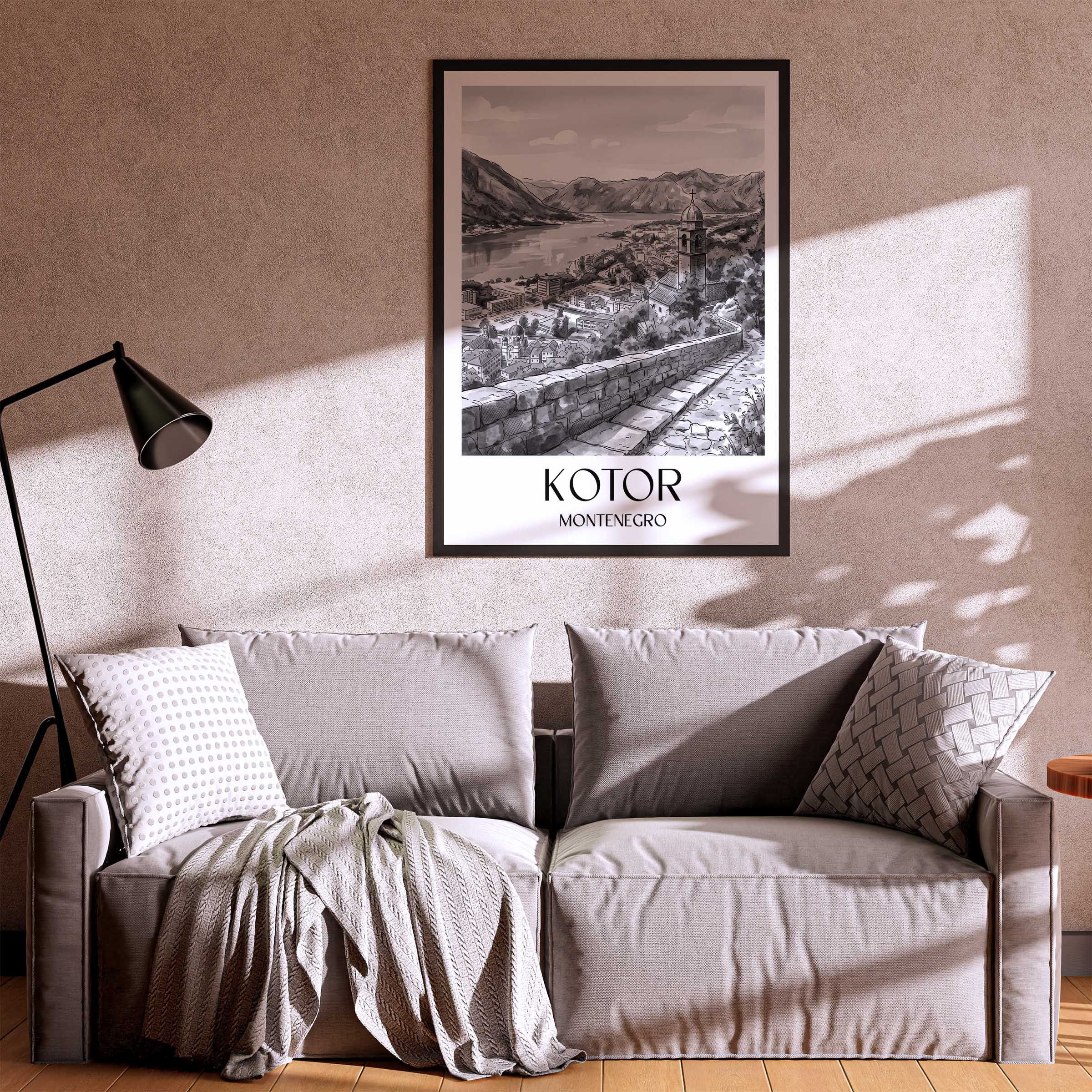 kotor-montenegro-poster-aquarell-schwarz-weiss