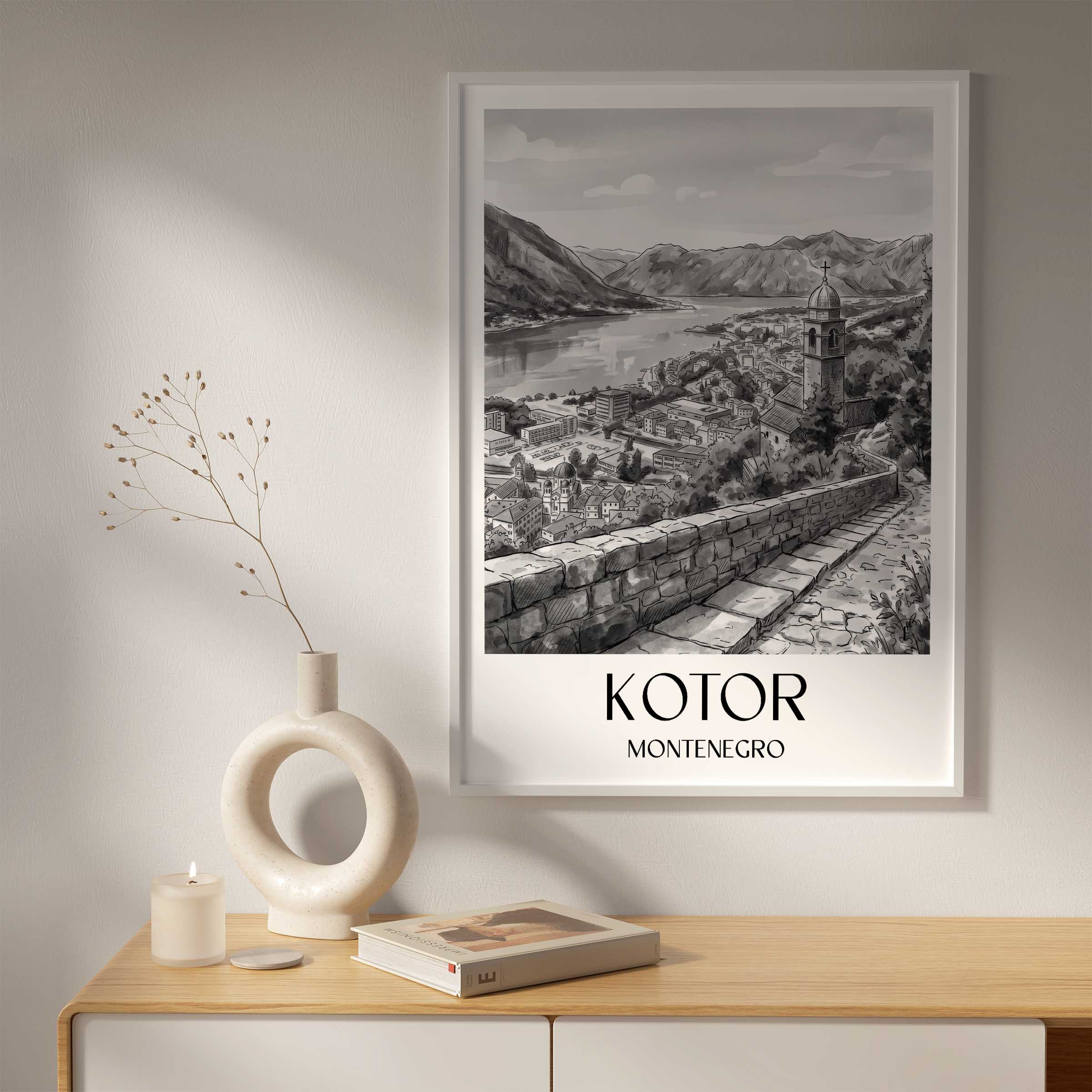 kotor-montenegro-poster-aquarell-schwarz-weiss