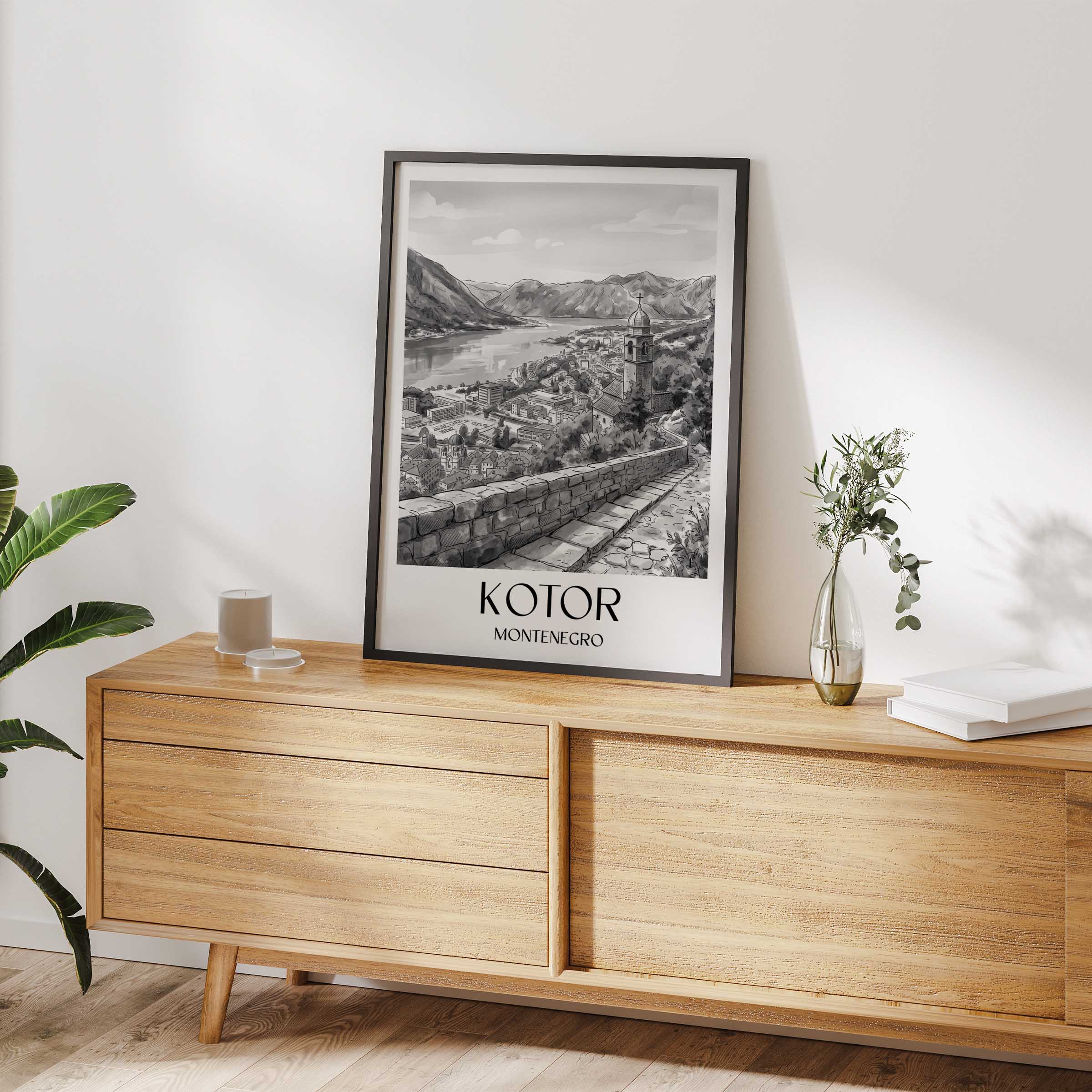 kotor-montenegro-poster-aquarell-schwarz-weiss