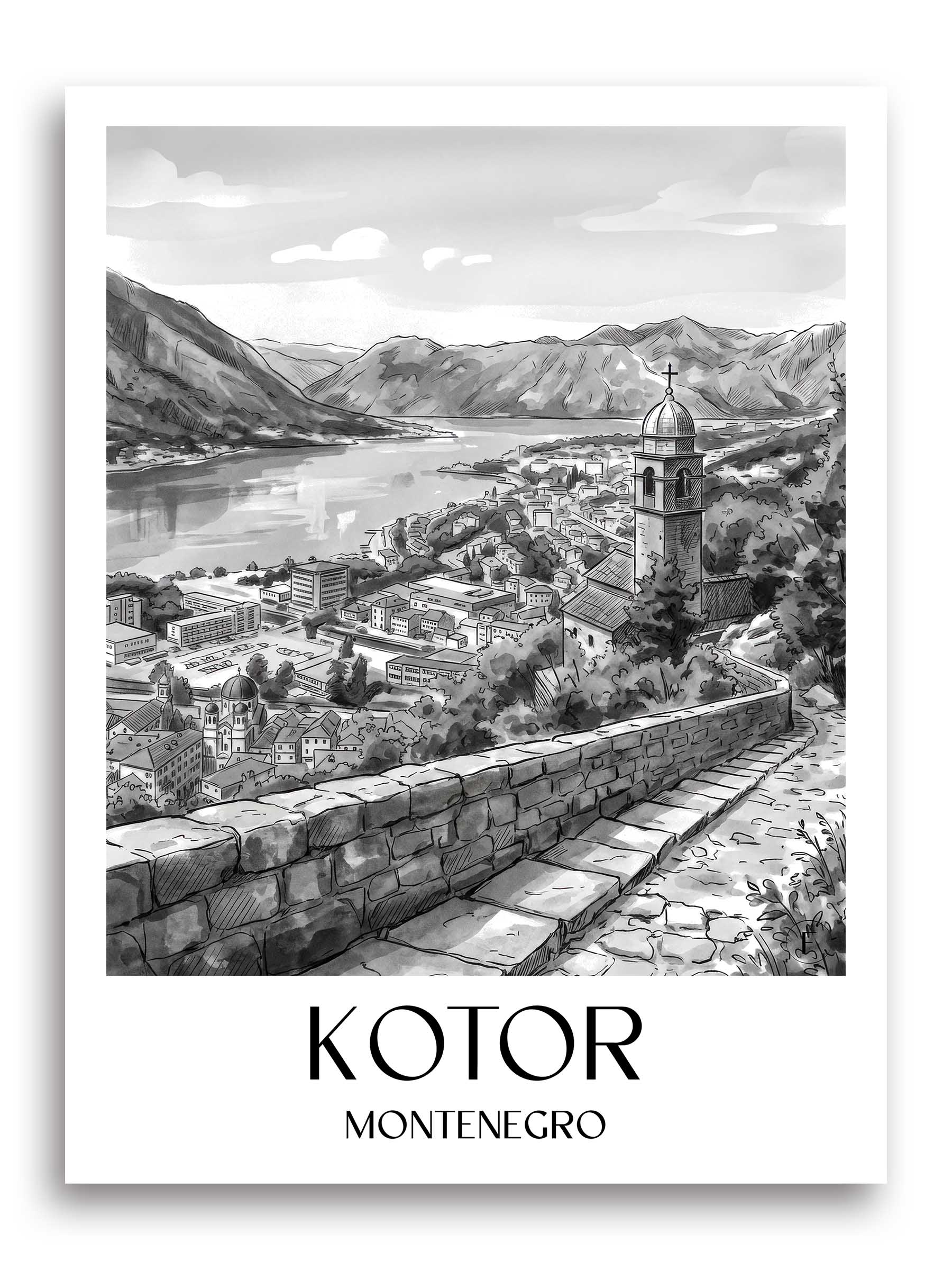 Kotor Poster - - Montenegro Kunstdruck - Aquarell Schwarz-Weiß von A4 bis A1 - favplace