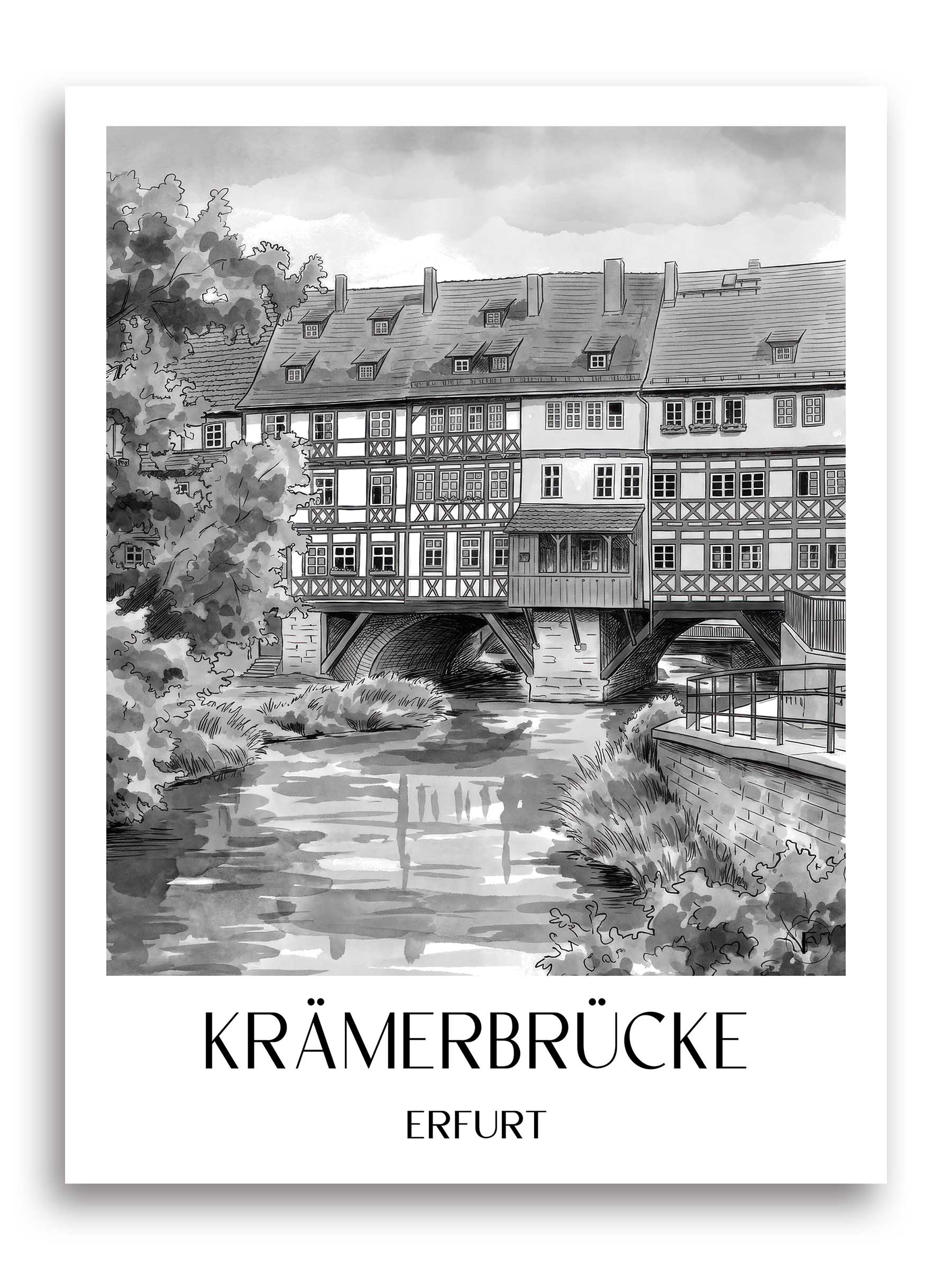 krämerbrücke-erfurt-deutschland-poster-aquarell-schwarz-weiss