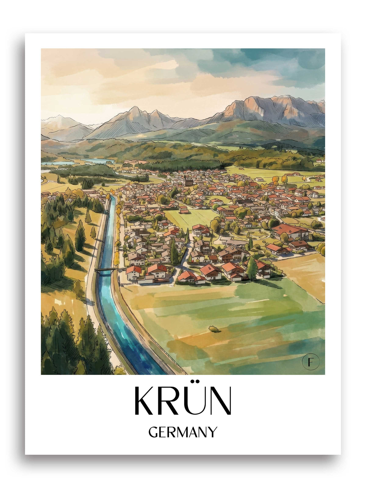Krün Poster - Werdenfelser Land - Deutschland Kunstdruck - Aquarell von A4 bis A1 - favplace
