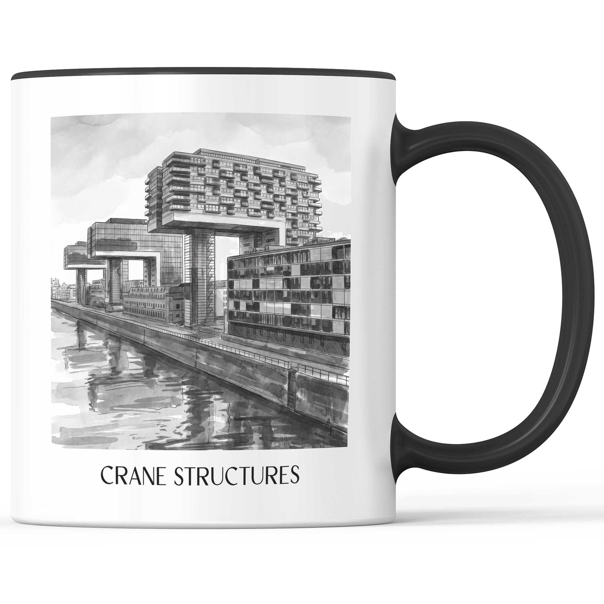 Kranbauten Kaffeebecher - Köln - Deutschland Becher - Kaffeetasse im Aquarell Schwarz-Weiß Stil - favplace