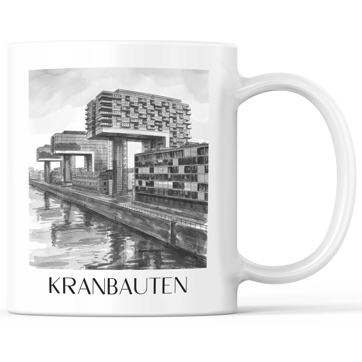 Kranbauten Kaffeebecher - Köln - Deutschland Becher - Kaffeetasse im Aquarell Schwarz-Weiß Stil - favplace