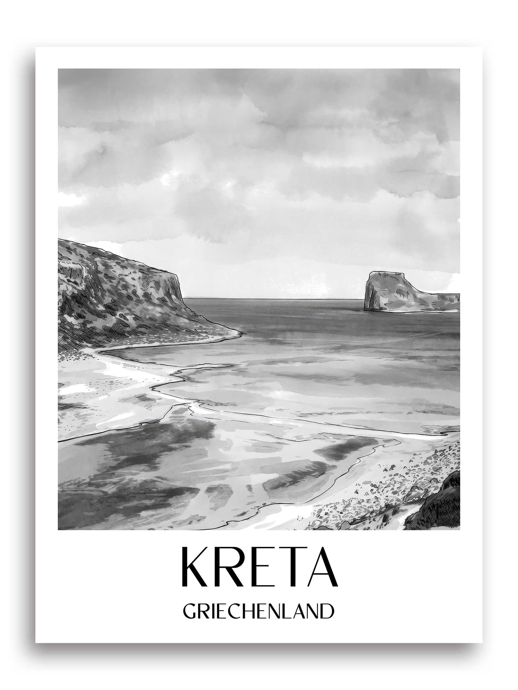 kreta-griechenland-poster-aquarell-schwarz-weiss