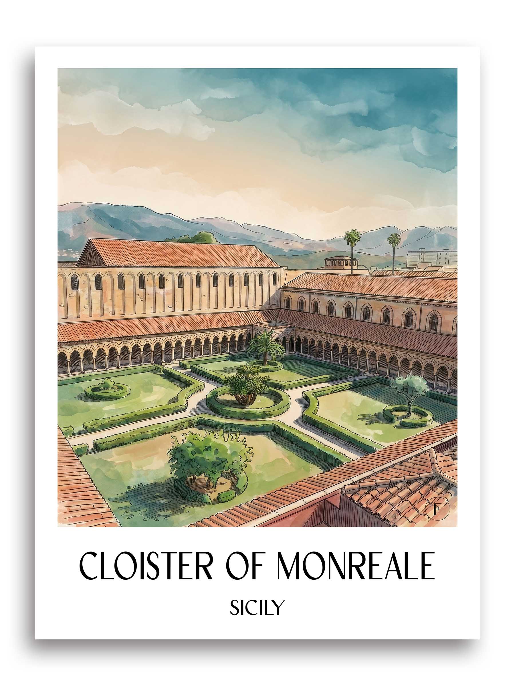 Kreuzgang von Monreale Poster - Sizilien - Italien Kunstdruck - Aquarell von A4 bis A1 - favplace