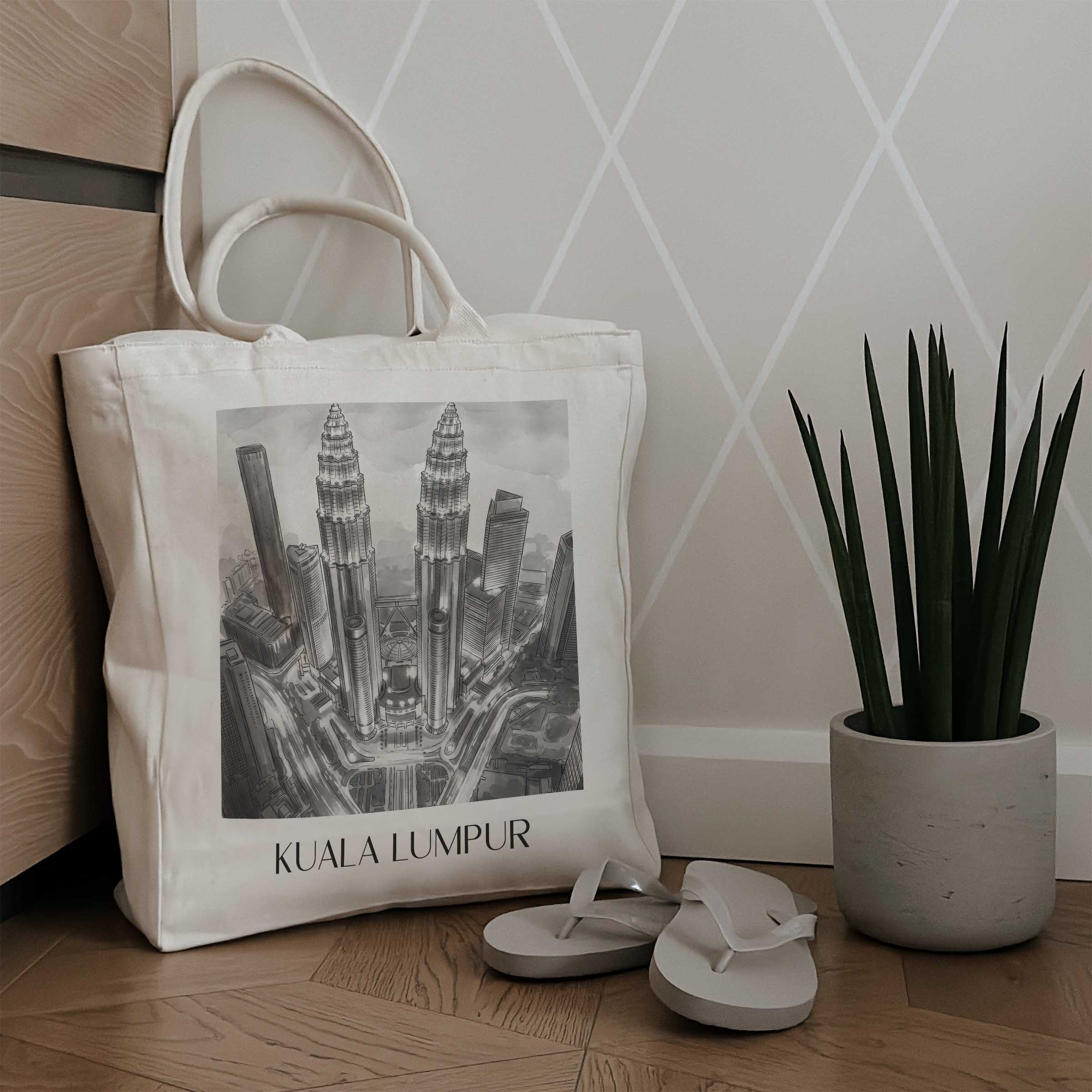 kuala-lumpur-malaysia-einkaufstasche-aquarell-schwarz-weiss