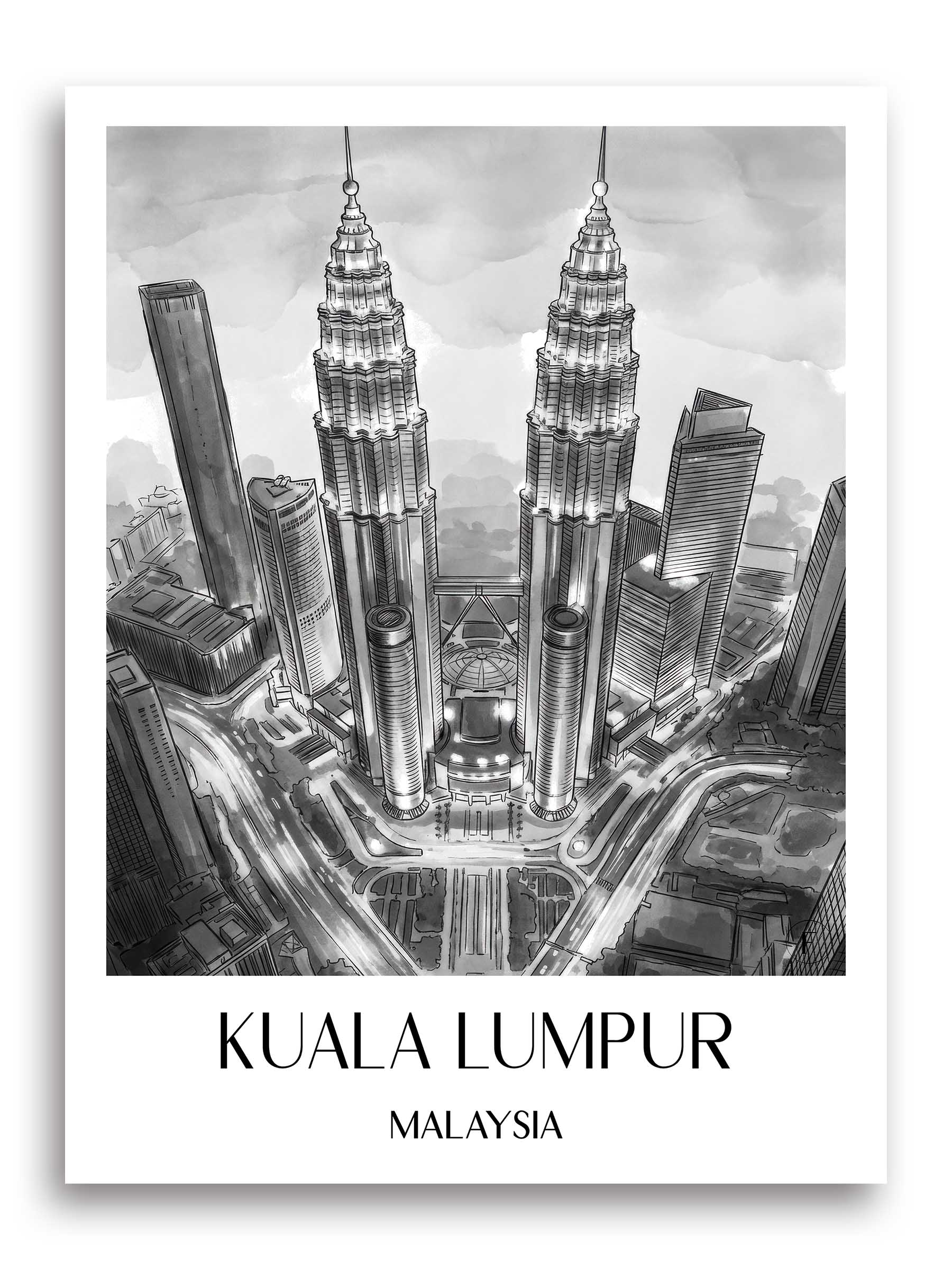 Kuala Lumpur Poster - - Malaysia Kunstdruck - Aquarell Schwarz-Weiß von A4 bis A1 - favplace