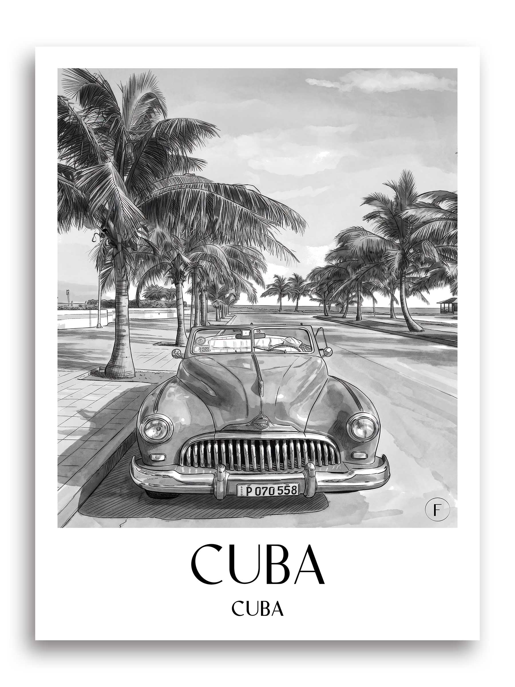 Kuba Poster - - Kuba Kunstdruck - Aquarell Schwarz-Weiß von A4 bis A1 - favplace