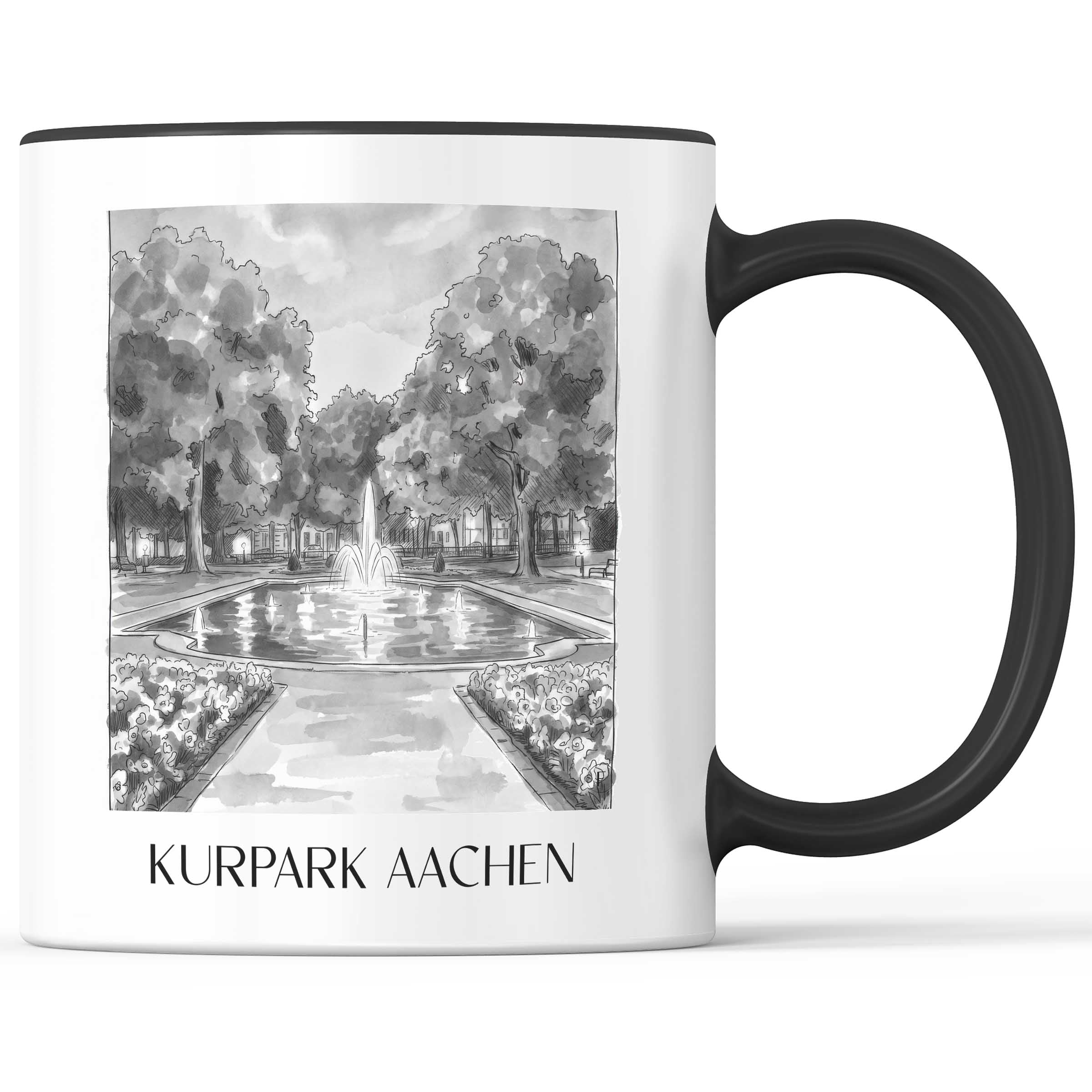 kurpark-aachen-deutschland-kaffeebecher-aquarell-schwarz-weiss