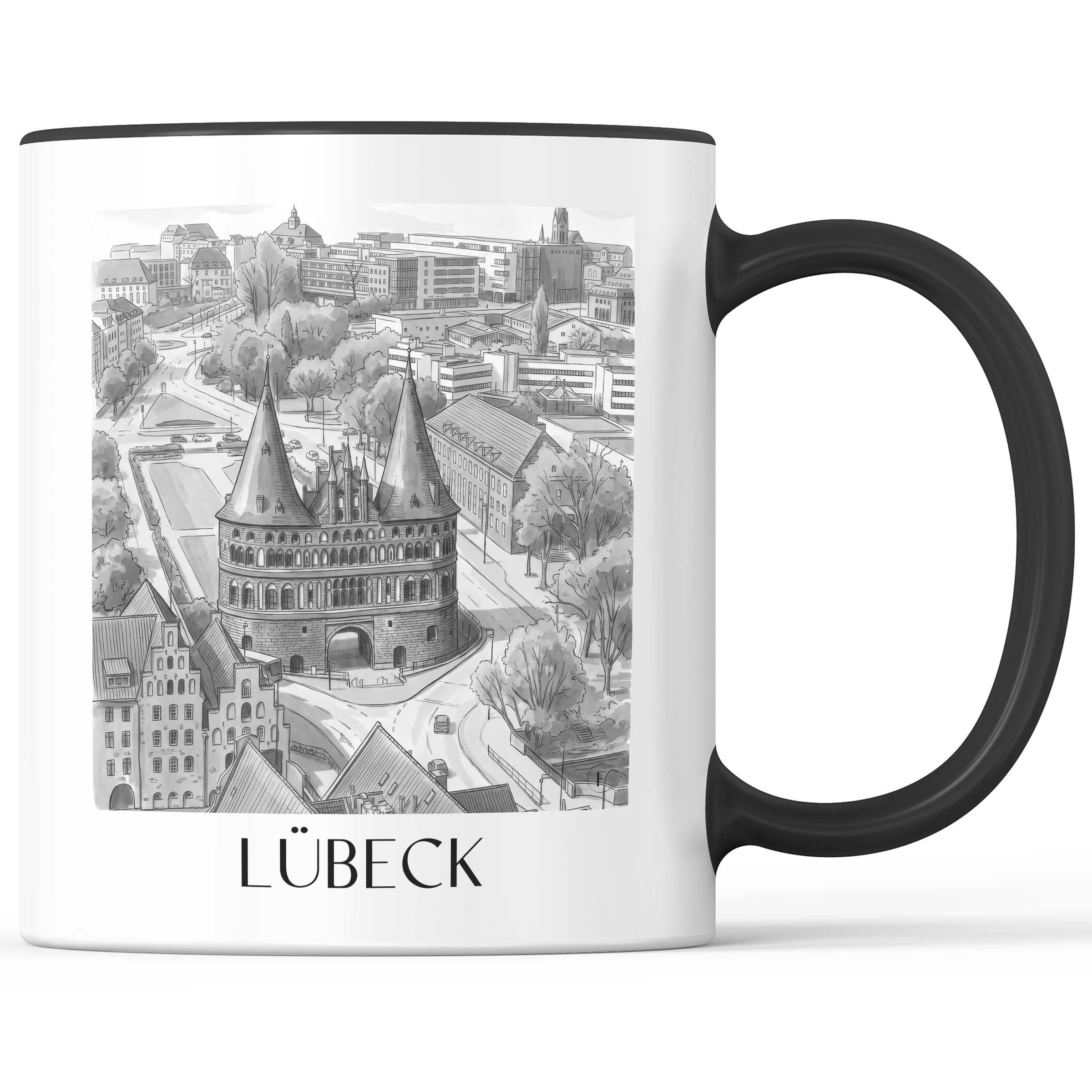 Lübeck - Deutschland Becher - Kaffeetasse im Aquarell Schwarz-Weiß Stil - favplace