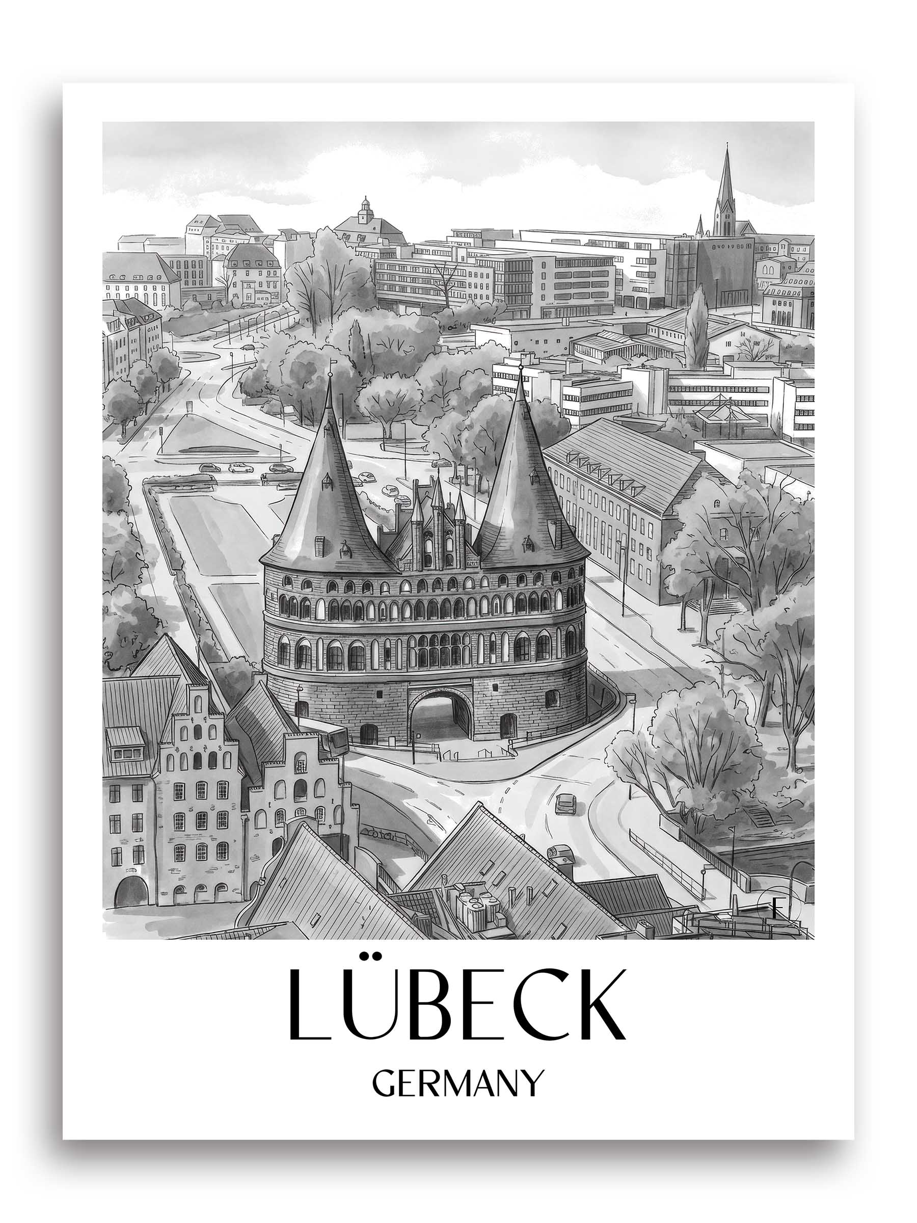 Lübeck Poster - - Deutschland Kunstdruck - Aquarell Schwarz-Weiß von A4 bis A1 - favplace