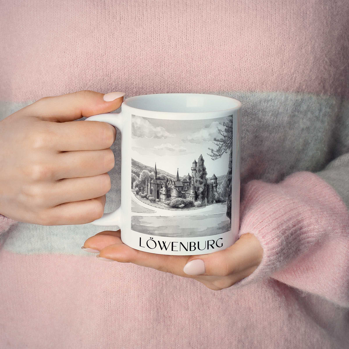 löwenburg-kassel-deutschland-kaffeebecher-aquarell-schwarz-weiss