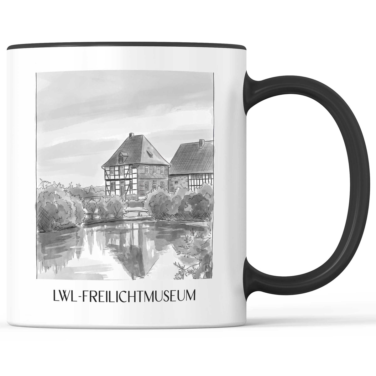 lwl-freilichtmuseum-detmold-deutschland-kaffeebecher-aquarell-schwarz-weiss