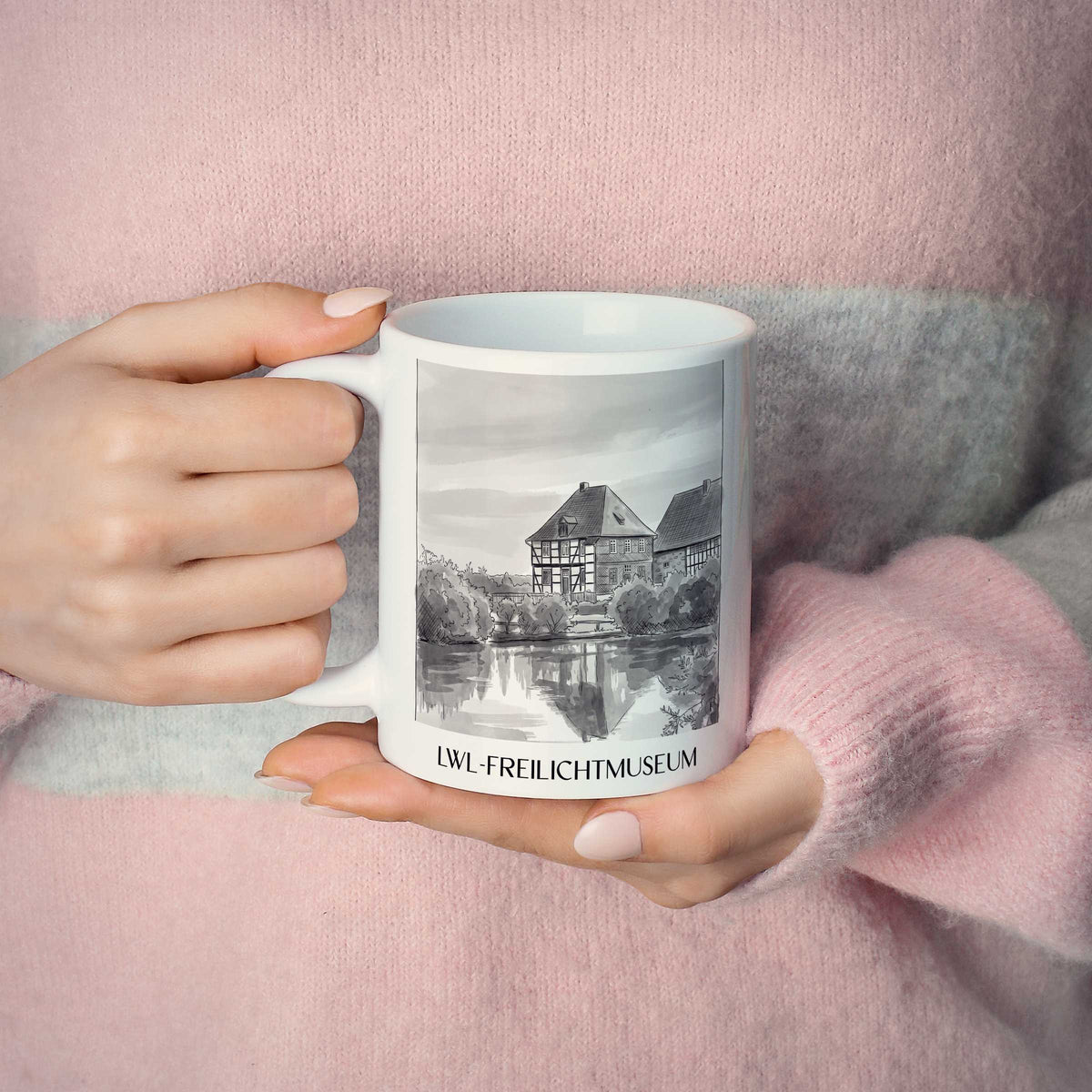 lwl-freilichtmuseum-detmold-deutschland-kaffeebecher-aquarell-schwarz-weiss