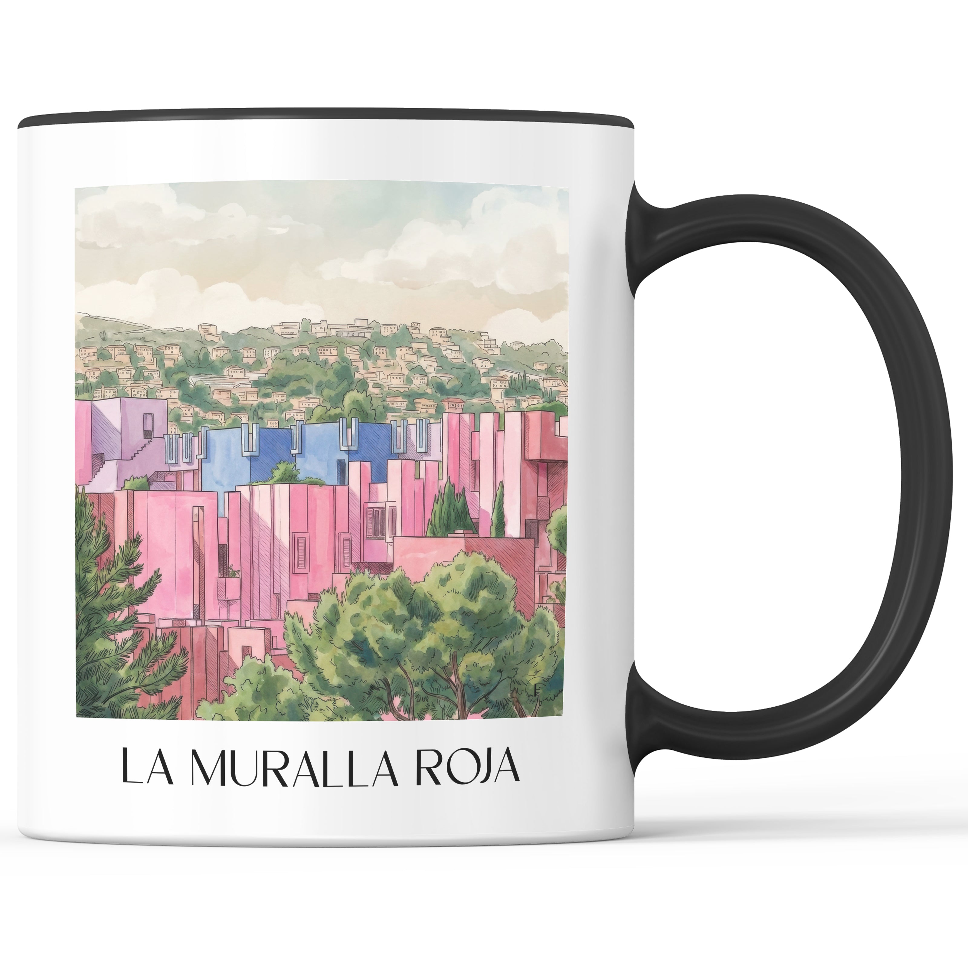la-muralla-roja-calpe-spanien-kaffeebecher-aquarell-pink-rosa