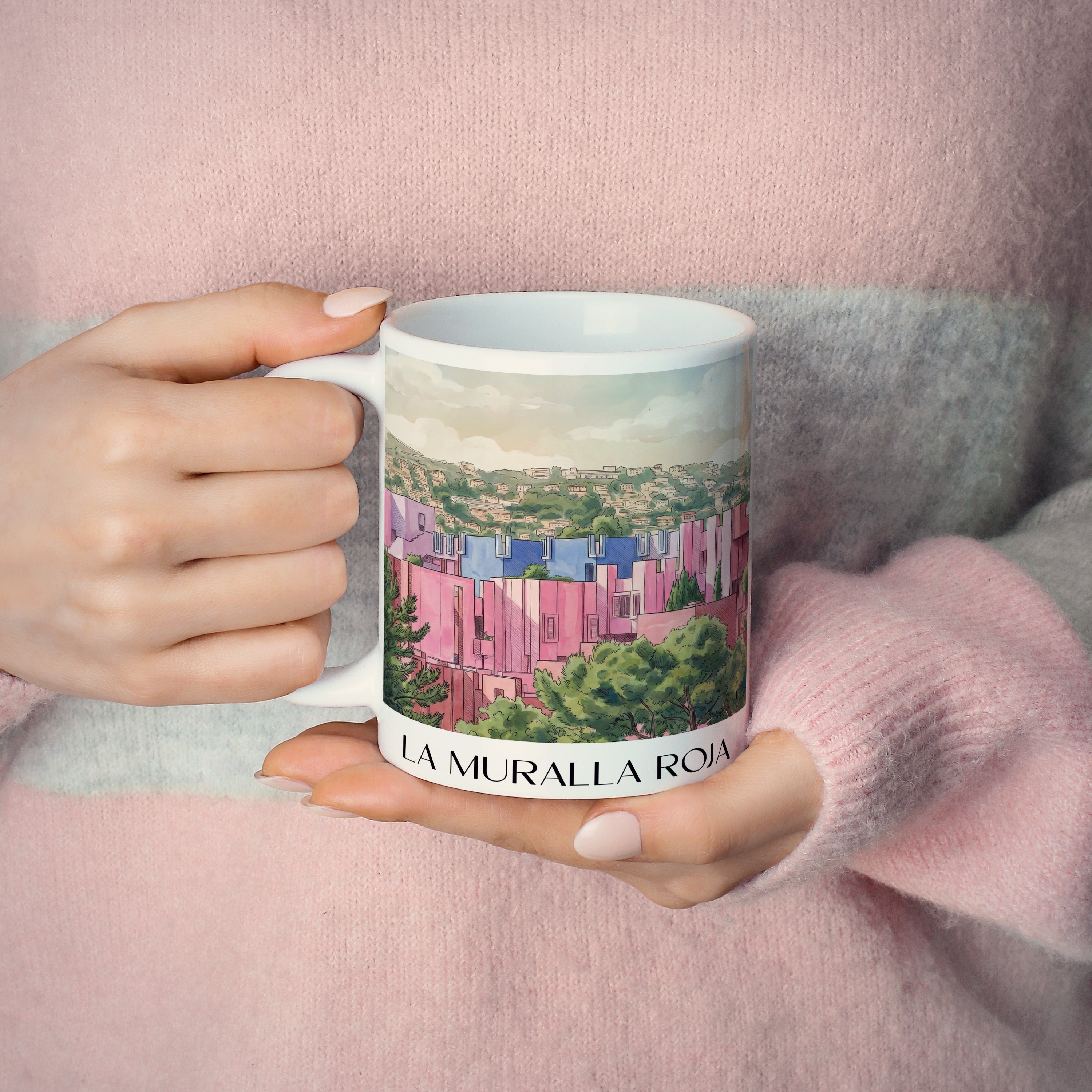 la-muralla-roja-calpe-spanien-kaffeebecher-aquarell-pink-rosa