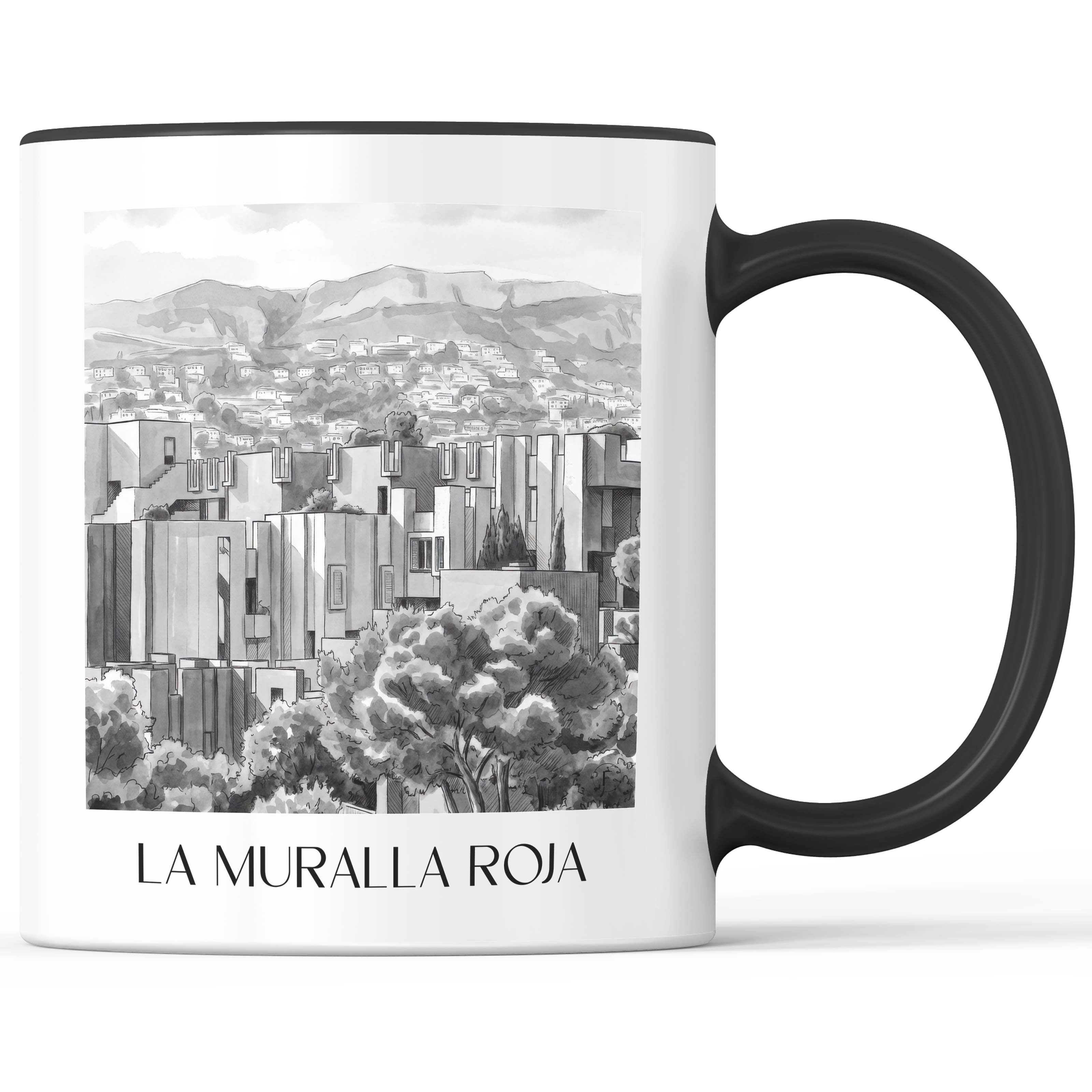 la-muralla-roja-calpe-spanien-kaffeebecher-aquarell-schwarz-weiss