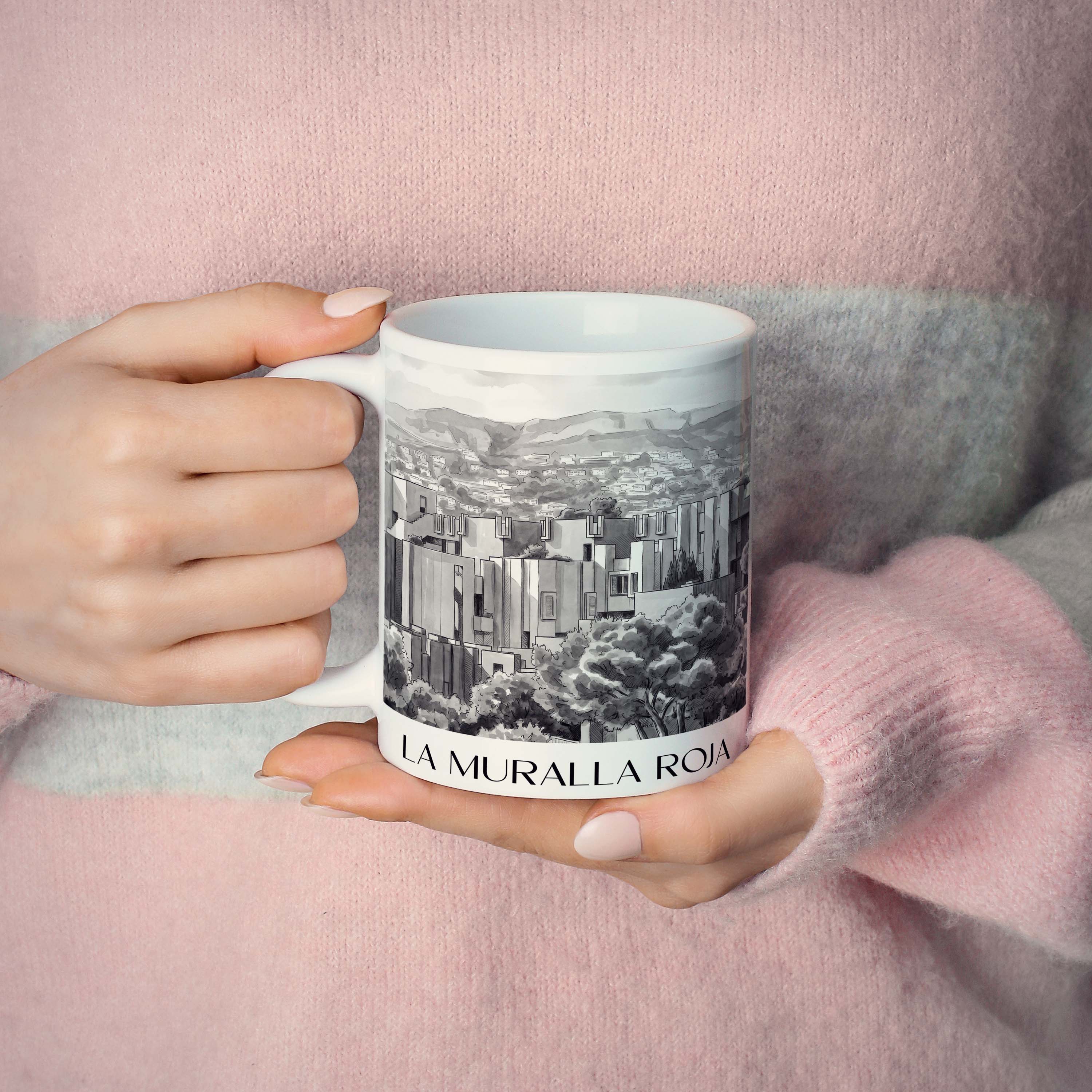 la-muralla-roja-calpe-spanien-kaffeebecher-aquarell-schwarz-weiss