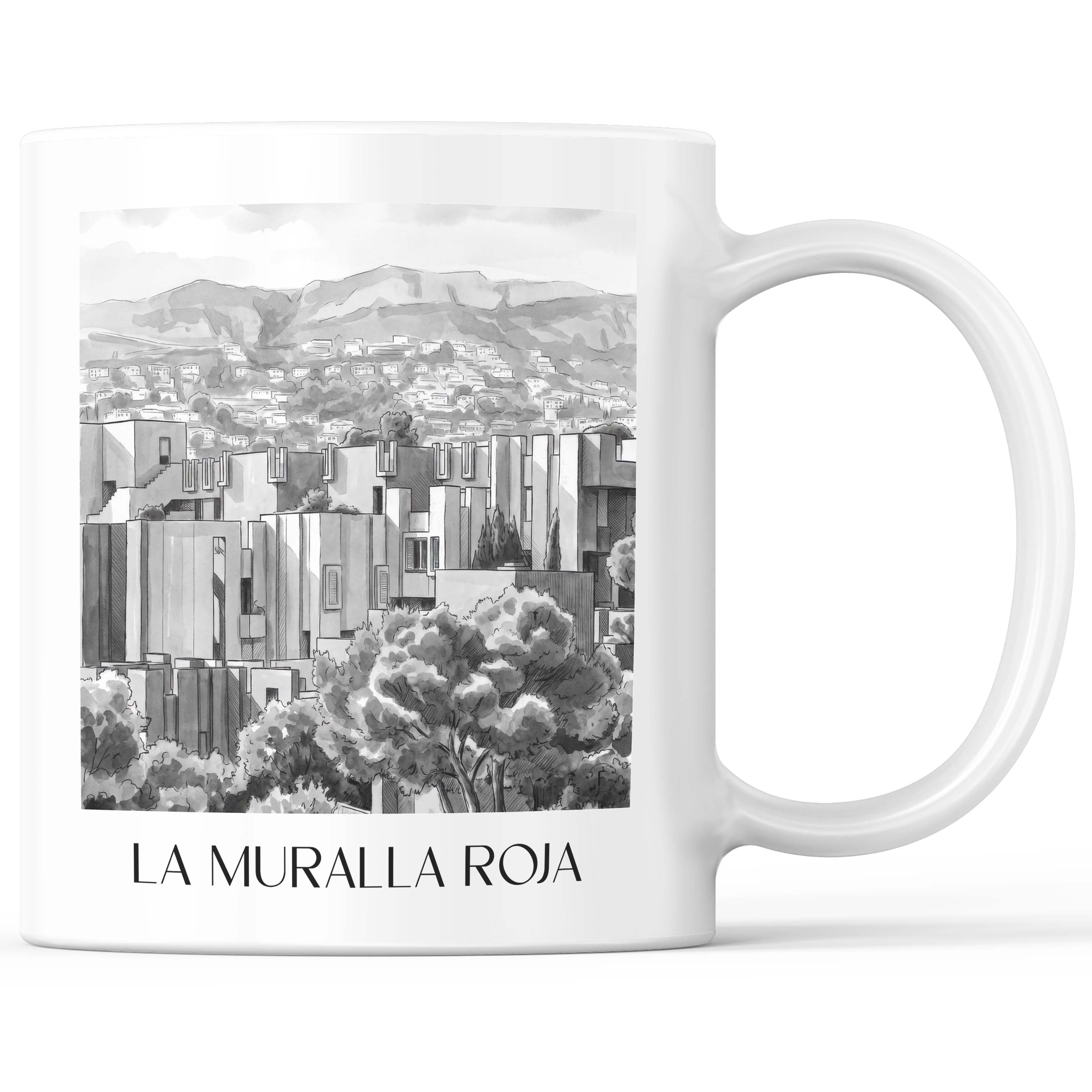 La Muralla Roja Kaffeebecher - Calpe - Spanien Becher - Kaffeetasse im Aquarell Schwarz-Weiß Stil - favplace