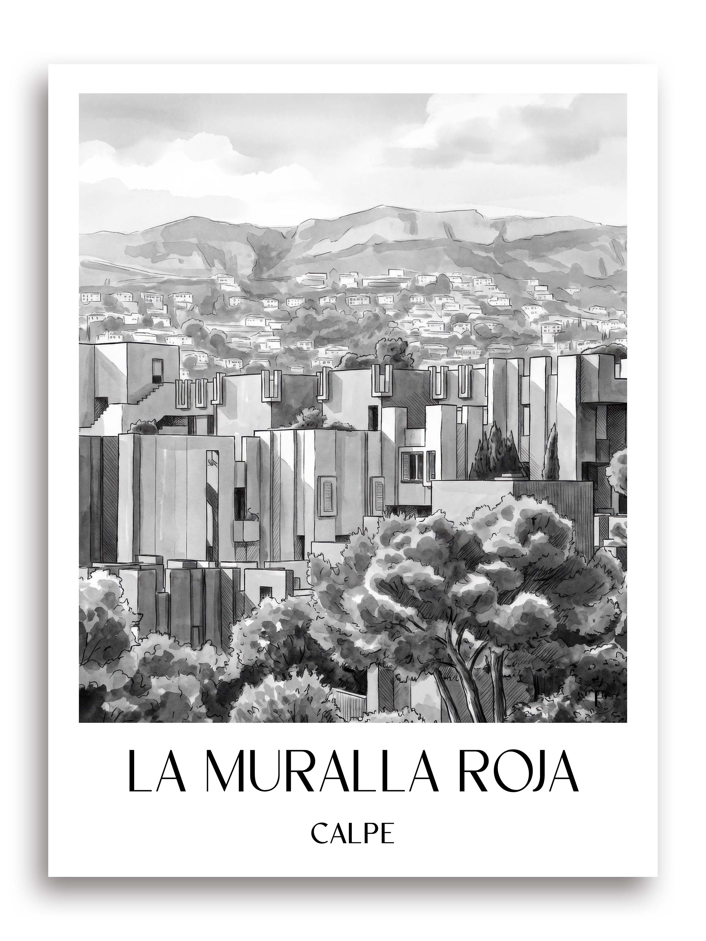 La Muralla Roja Poster - Calpe - Spanien Kunstdruck - Aquarell Schwarz-Weiß von A4 bis A1 - favplace