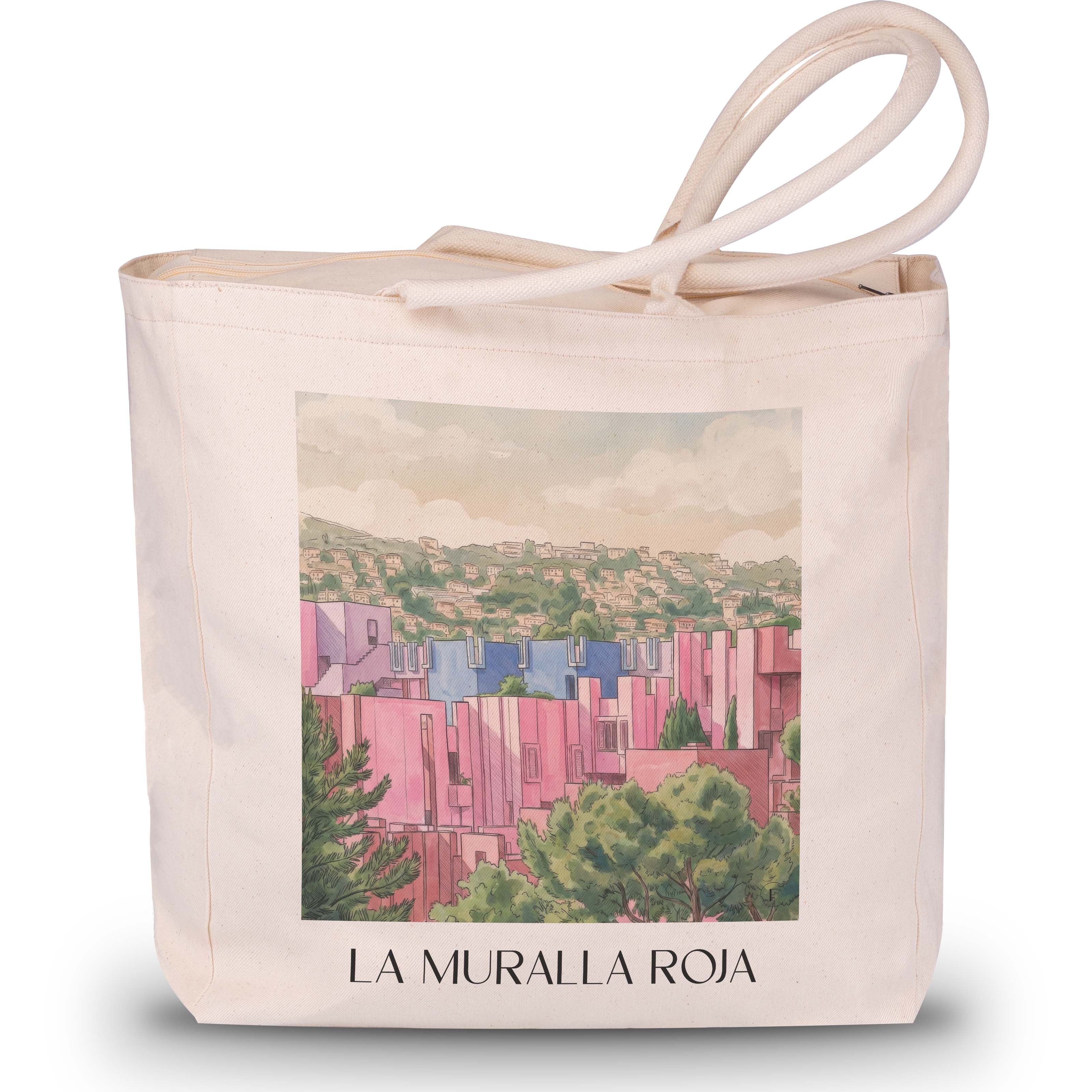 la-muralla-roja-calpe-spanien-einkaufstasche-aquarell-pink-rosa