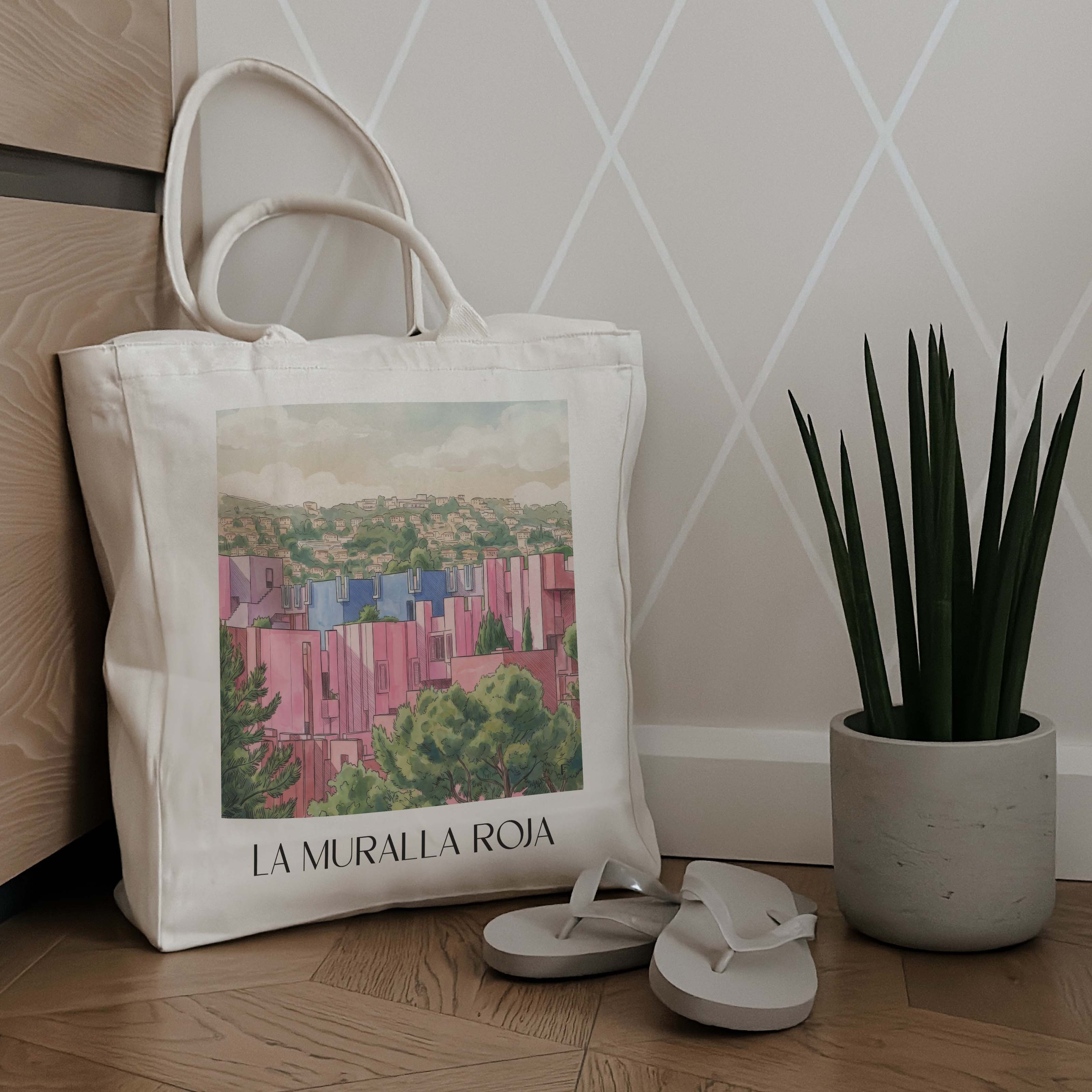 la-muralla-roja-calpe-spanien-einkaufstasche-aquarell-pink-rosa