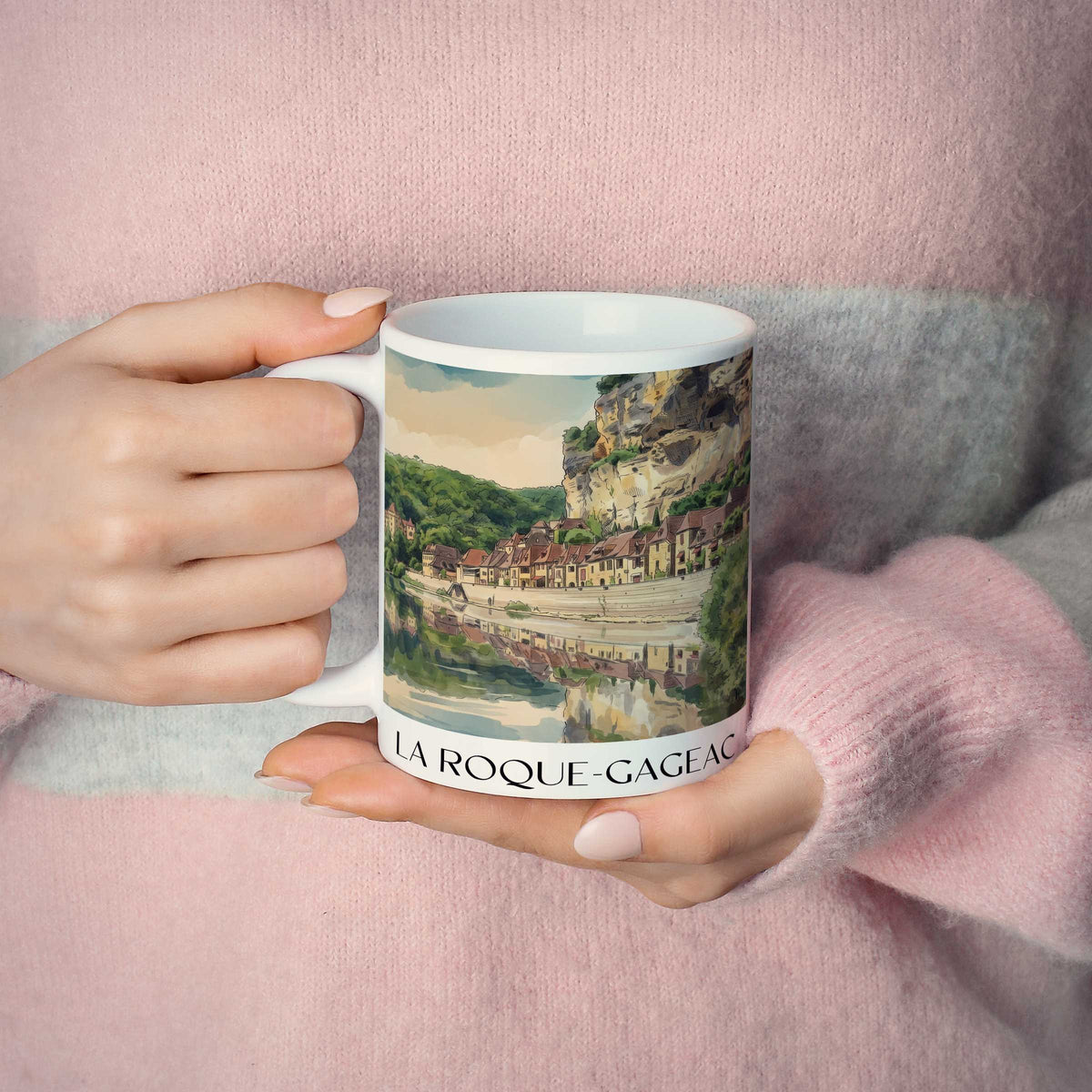 la-roque-gageac-vallée-de-la-dordogne-frankreich-kaffeebecher-aquarell
